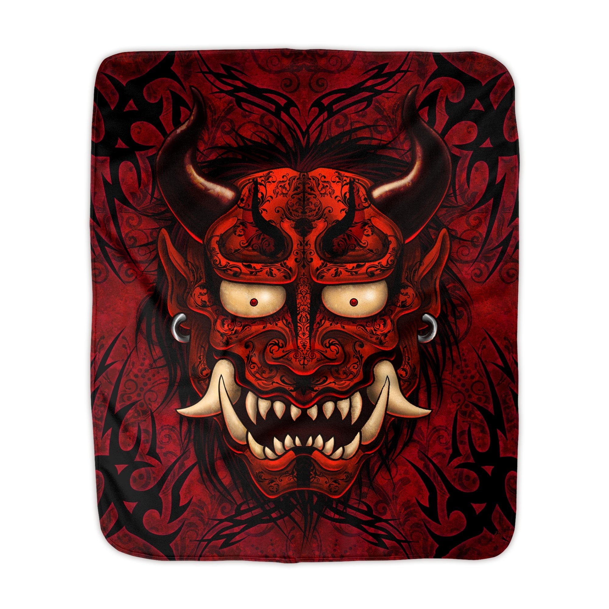 Oni Throw Fleece Blanket, Japanese Demon, Eclectic Home Decor, Tattoo style, Alternative Art Gift - Red and Black - Abysm Internal