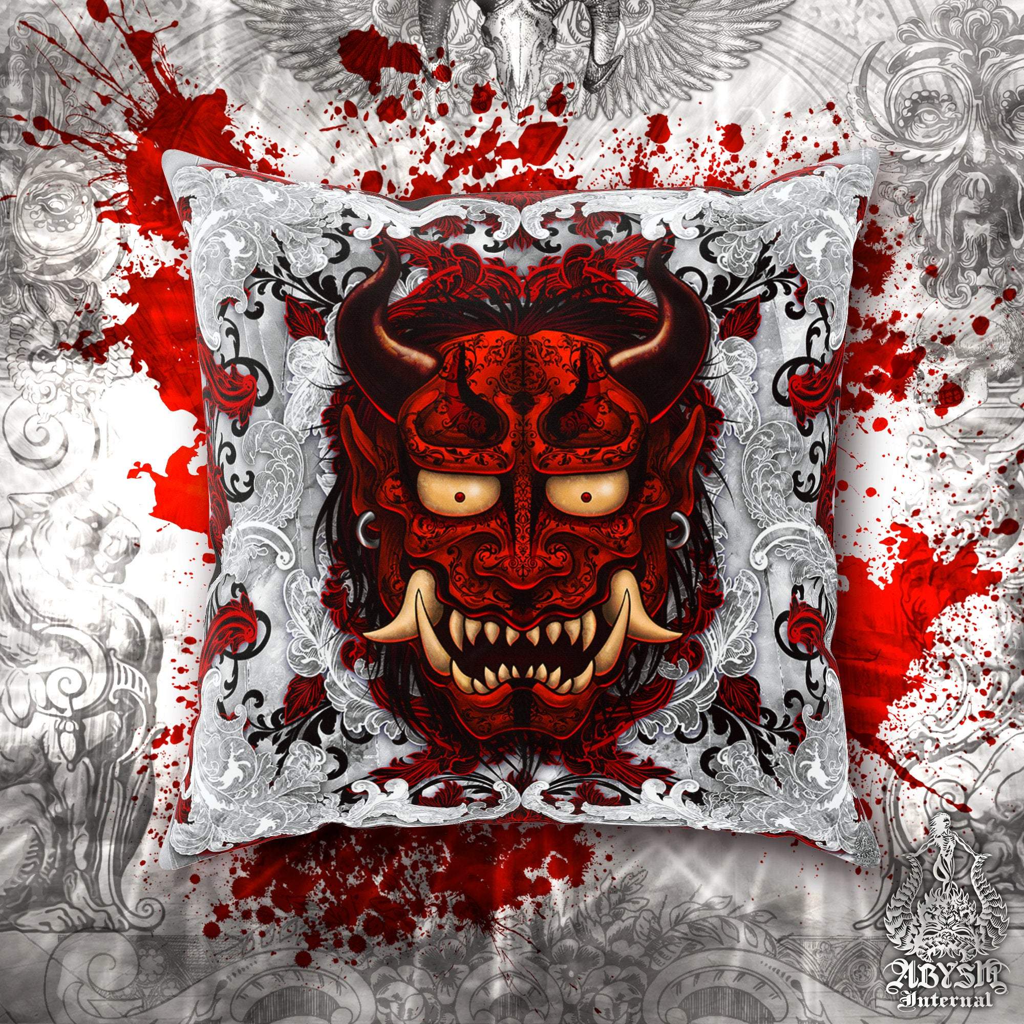 Oni Throw Pillow, Decorative Accent Cushion, Hannya, Demon, Alternative Home - Bloody - Abysm Internal
