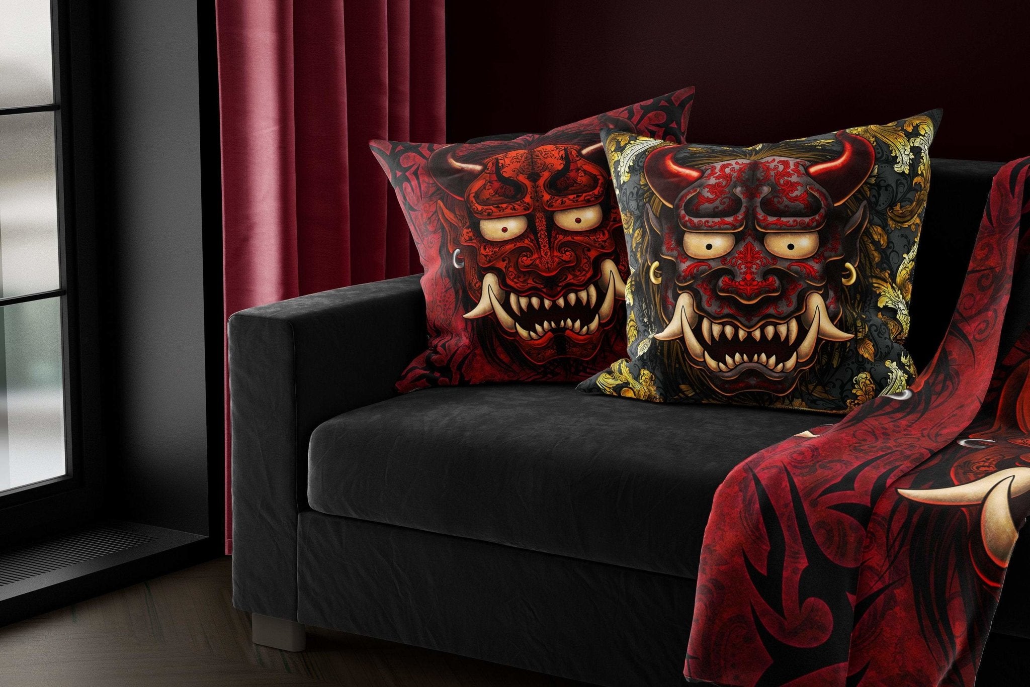 Oni Throw Pillow, Decorative Accent Cushion, Hannya, Demon, Alternative Home - Red & Black - Abysm Internal