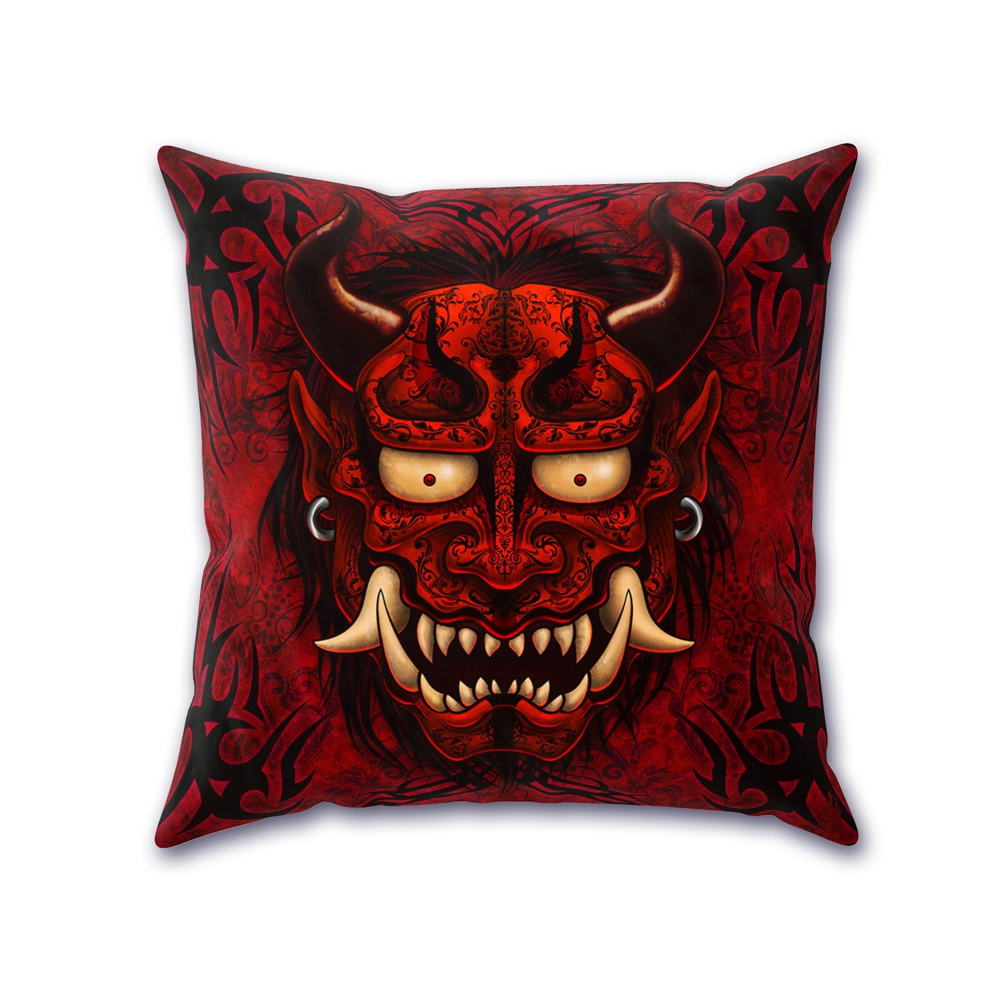 Oni Throw Pillow, Decorative Accent Cushion, Hannya, Demon, Alternative Home - Red & Black - Abysm Internal