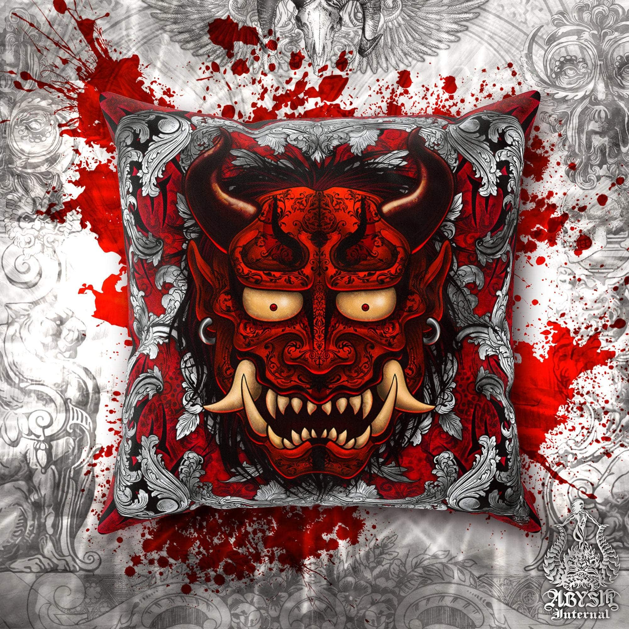 Oni Throw Pillow, Decorative Accent Cushion, Hannya, Demon, Alternative Home - Silver & Red - Abysm Internal