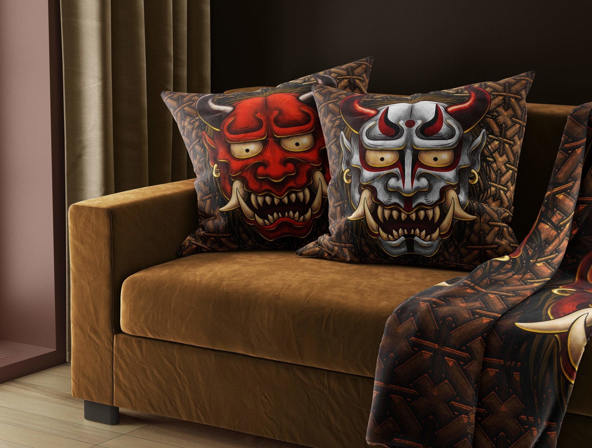 Oni Throw Pillow, Decorative Accent Cushion, Hannya, Demon, Asia Decor, Alternative Home - Red - Abysm Internal