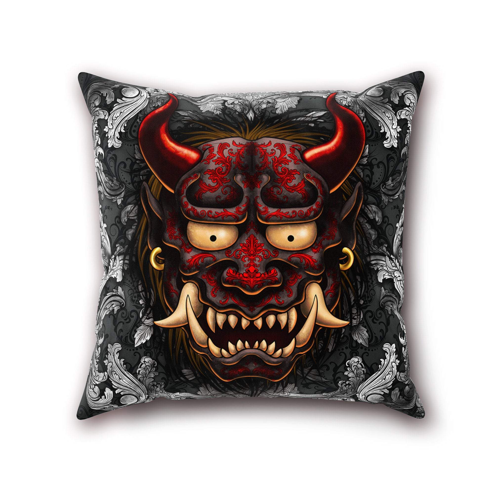 Oni Throw Pillow, Decorative Accent Cushion, Hannya, Demon, Asia Decor, Alternative Home - Silver - Abysm Internal
