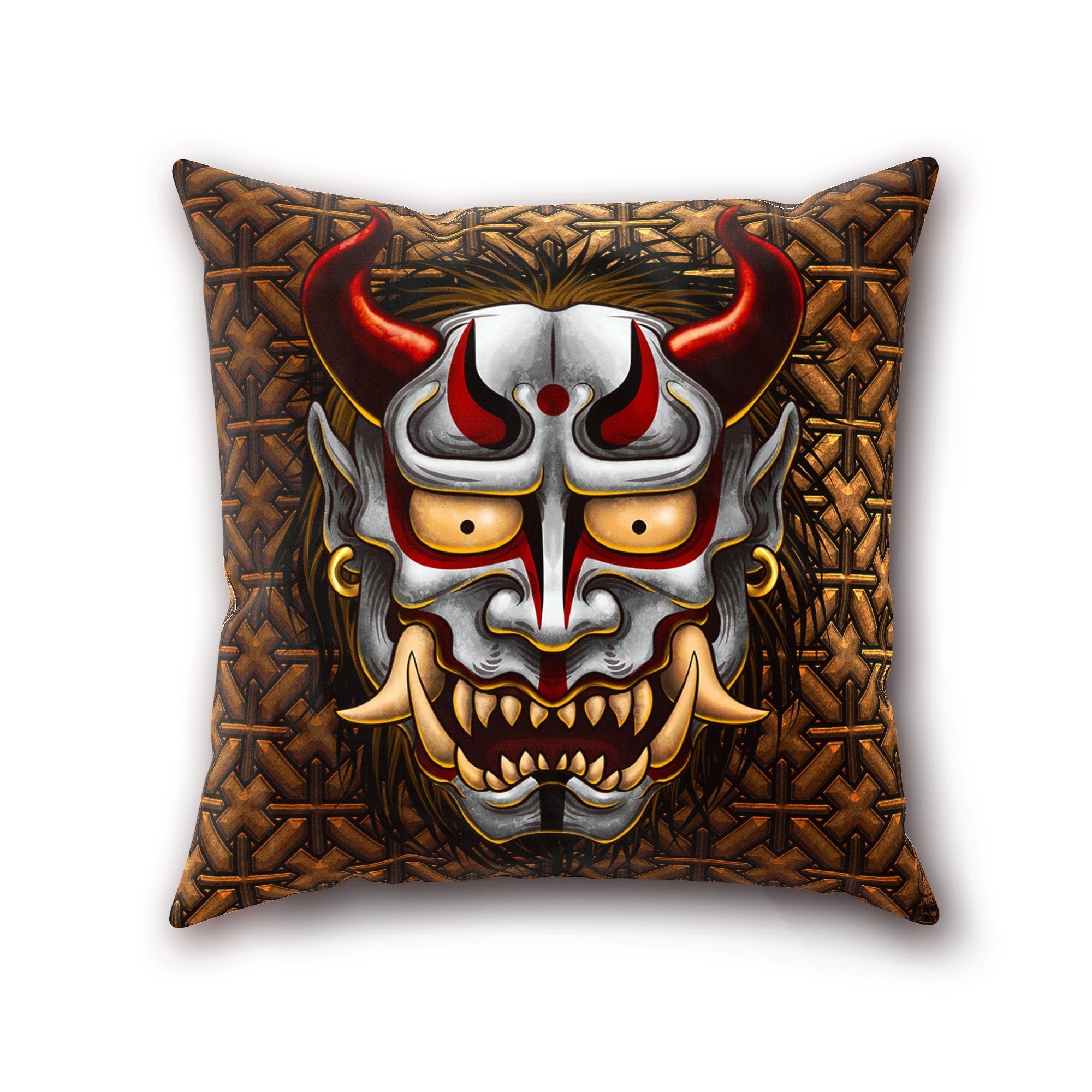Oni Throw Pillow, Decorative Accent Cushion, Hannya, Demon, Asia Decor - White - Abysm Internal