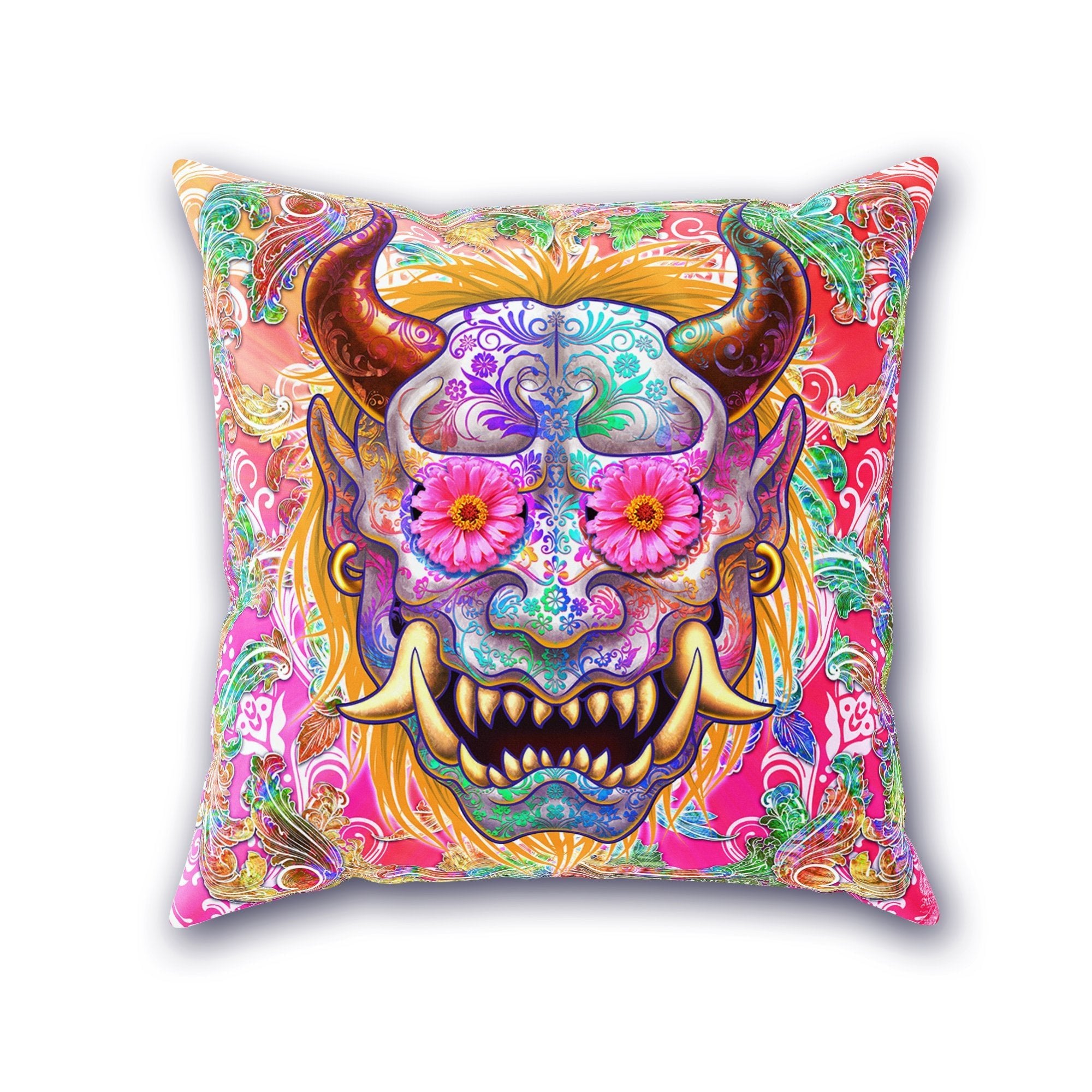 Oni Throw Pillow, Decorative Accent Cushion, Hannya, Demon, Trippy Decor - Psy - Abysm Internal