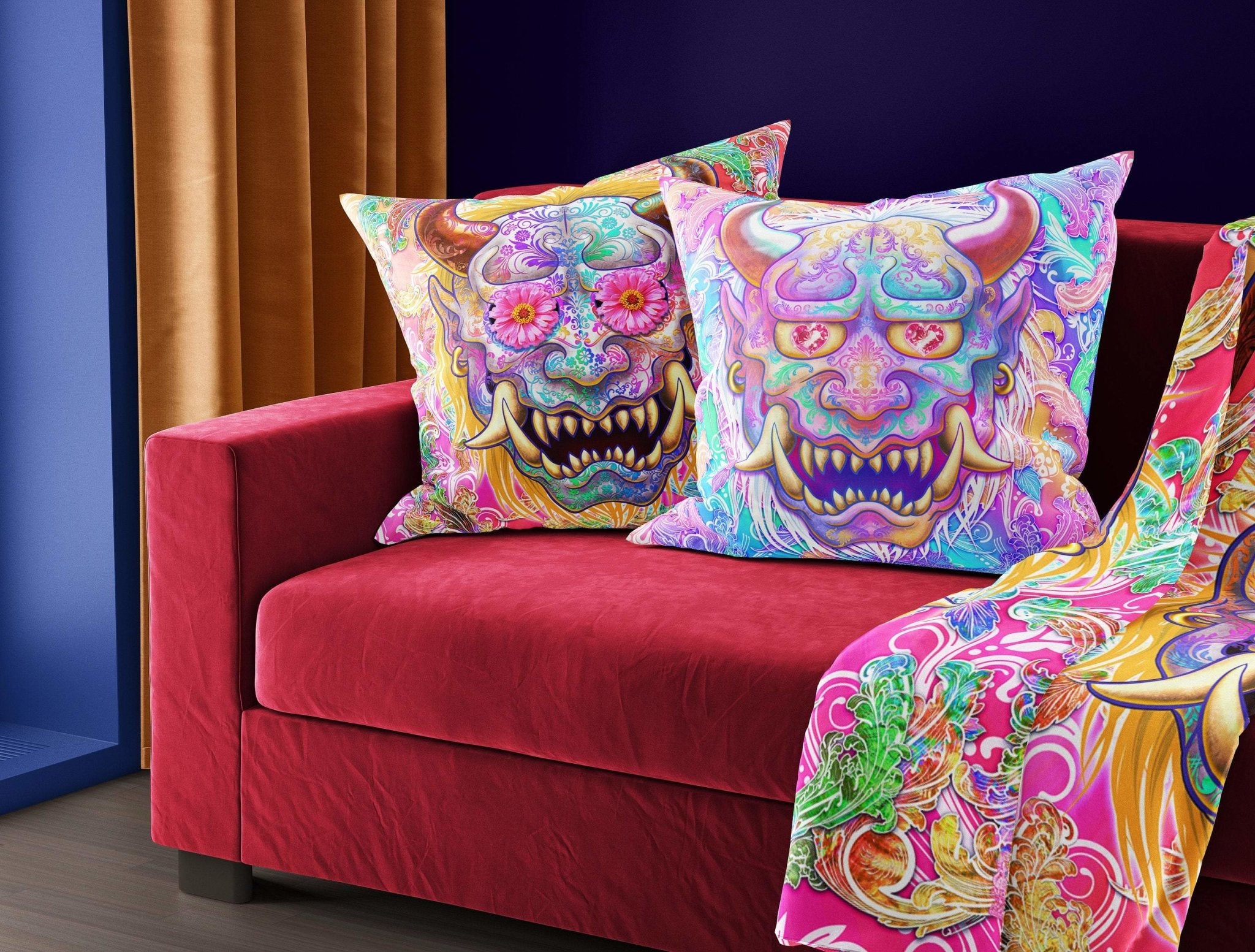 Oni Throw Pillow, Decorative Accent Cushion, Hannya, Demon, Trippy Decor - Psy - Abysm Internal