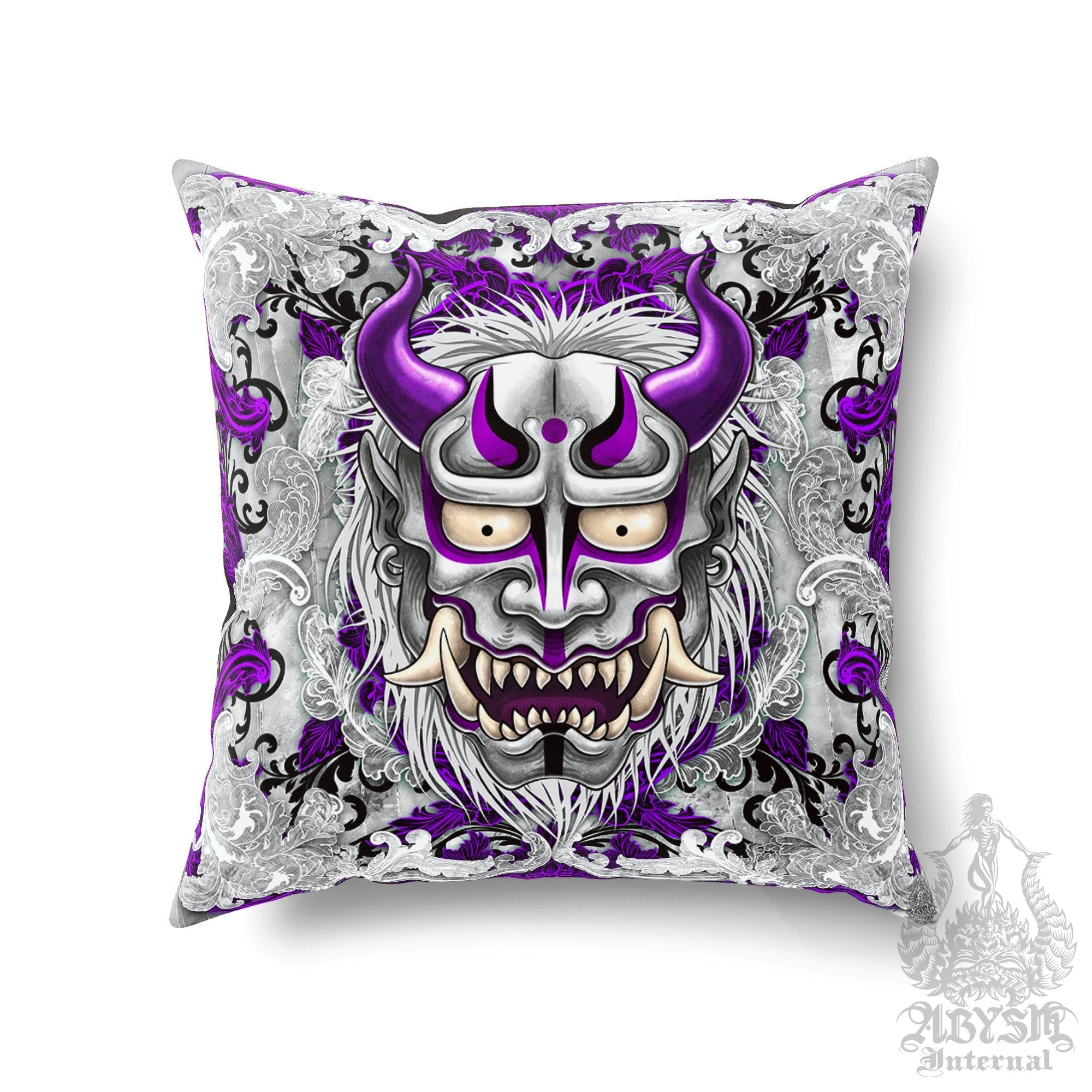 Oni Throw Pillow, Decorative Accent Cushion, Hannya, Japanese Demon, Anime and Gamer Room Decor, Alternative Home - White & Pastel Goth - Abysm Internal