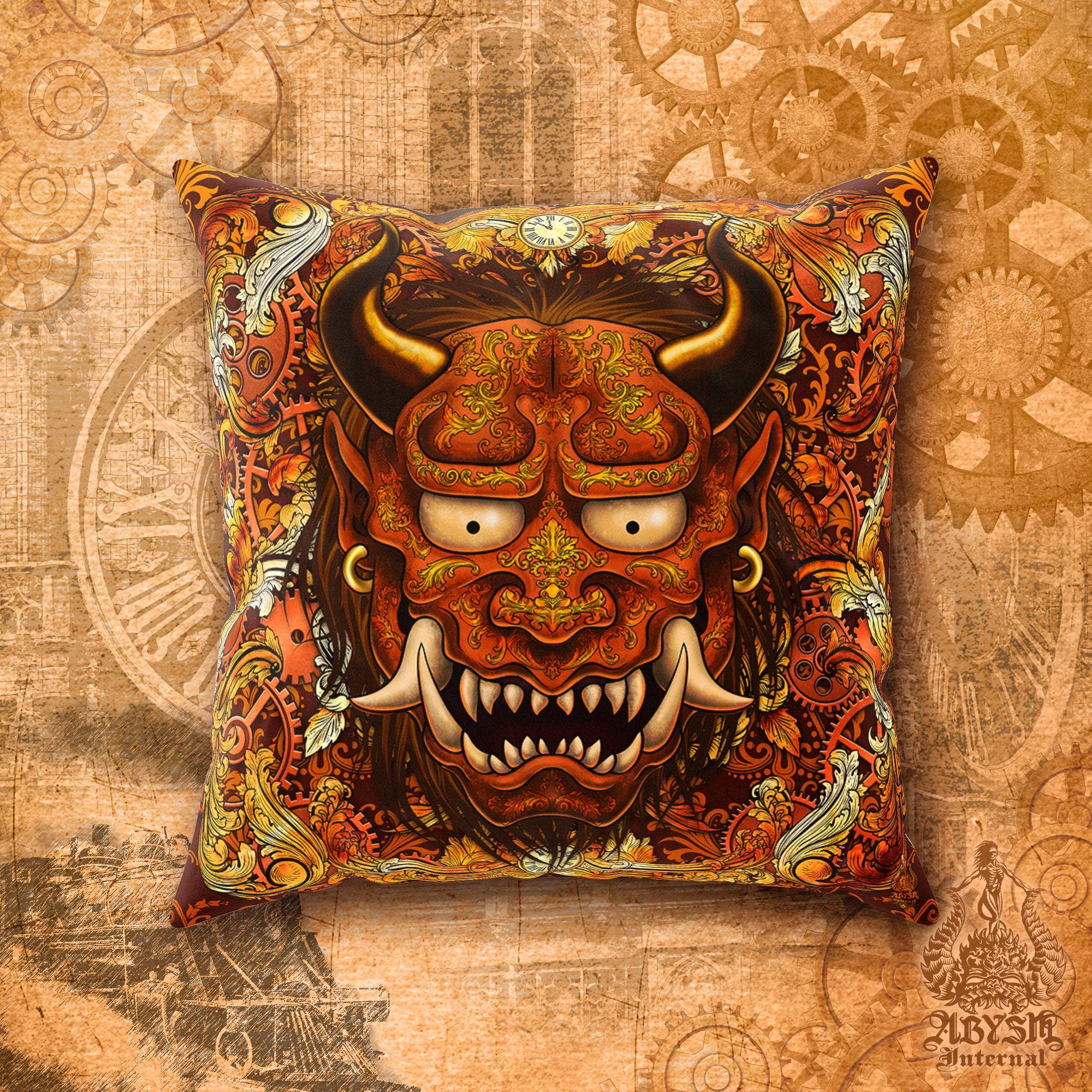 Oni Throw Pillow, Decorative Accent Cushion, Hannya, Japanese Demon, Anime and Gamer Room Decor - Steampunk - Abysm Internal