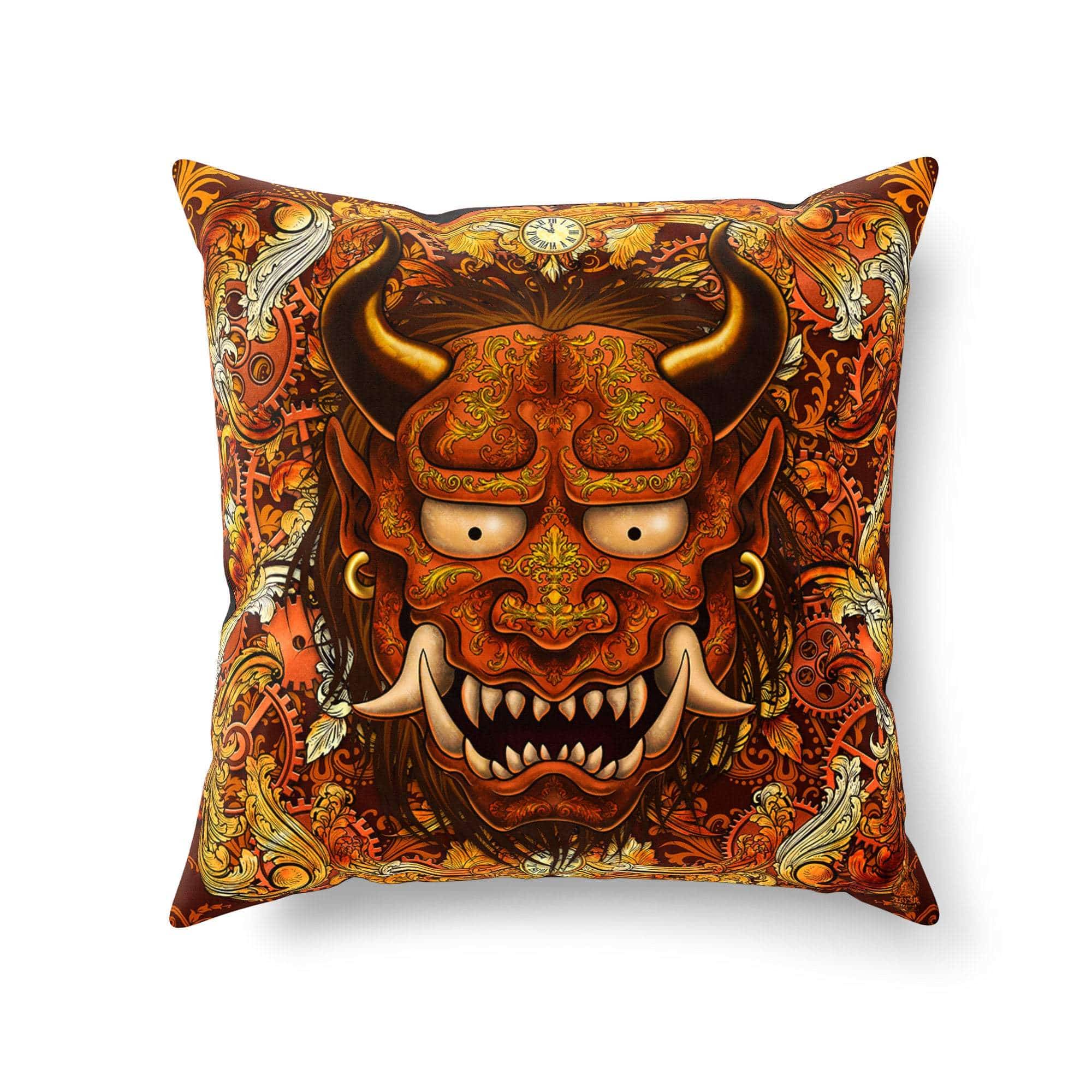 Oni Throw Pillow, Decorative Accent Cushion, Hannya, Japanese Demon, Anime and Gamer Room Decor - Steampunk - Abysm Internal