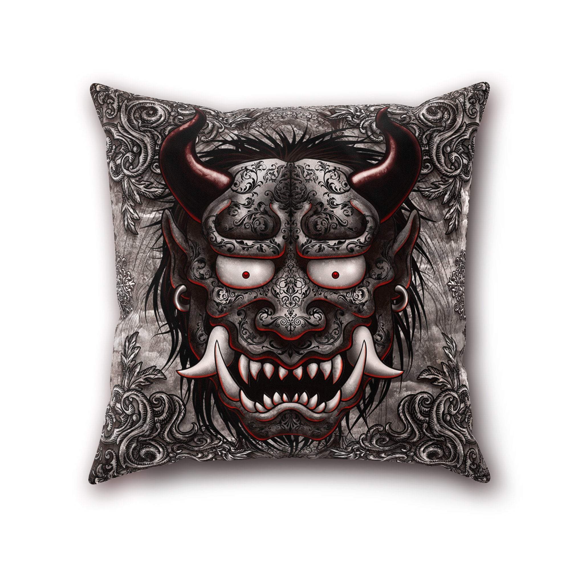 Oni Throw Pillow, Decorative Accent Cushion, Hannya, Japanese Demon, Gothic Gamer Room Decor, Alternative Home - Grey - Abysm Internal