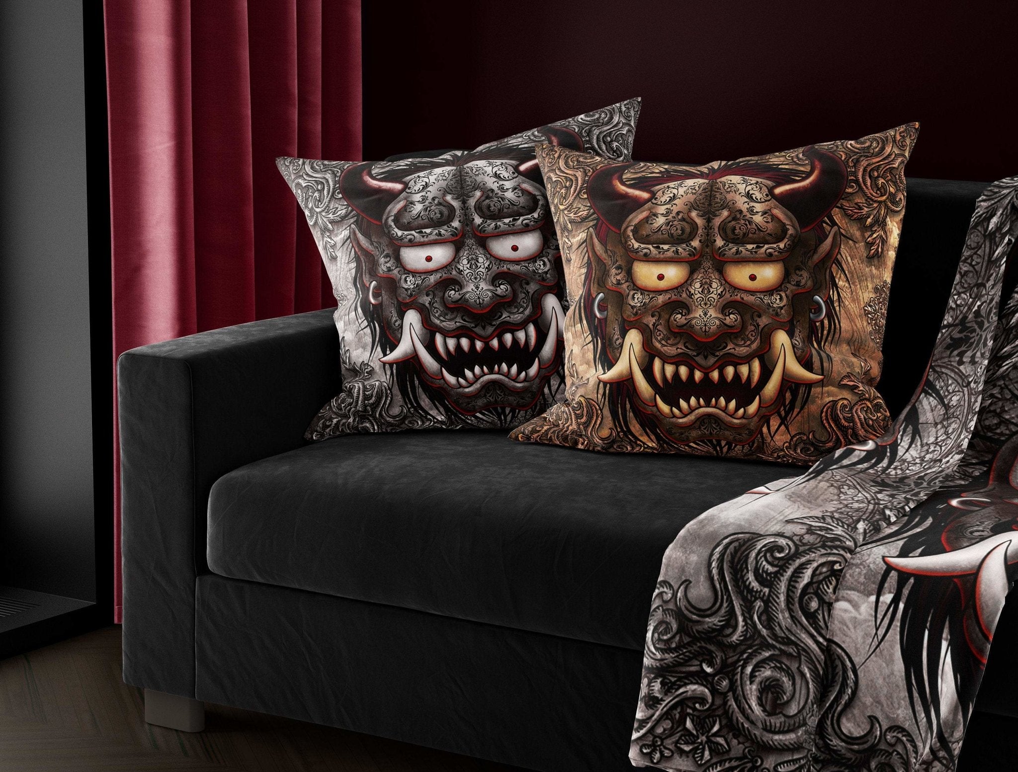 Oni Throw Pillow, Decorative Accent Cushion, Hannya, Japanese Demon, Gothic Gamer Room Decor, Alternative Home - Grey - Abysm Internal