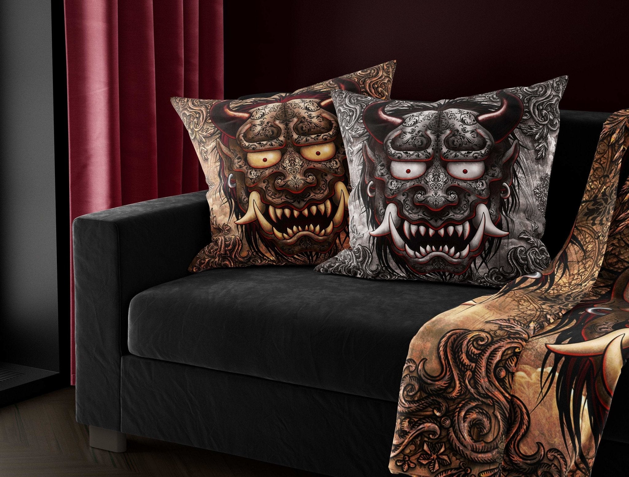 Oni Throw Pillow, Decorative Accent Cushion, Hannya, Japanese Demon, Gothic Room Decor, Alternative Home - Beige - Abysm Internal