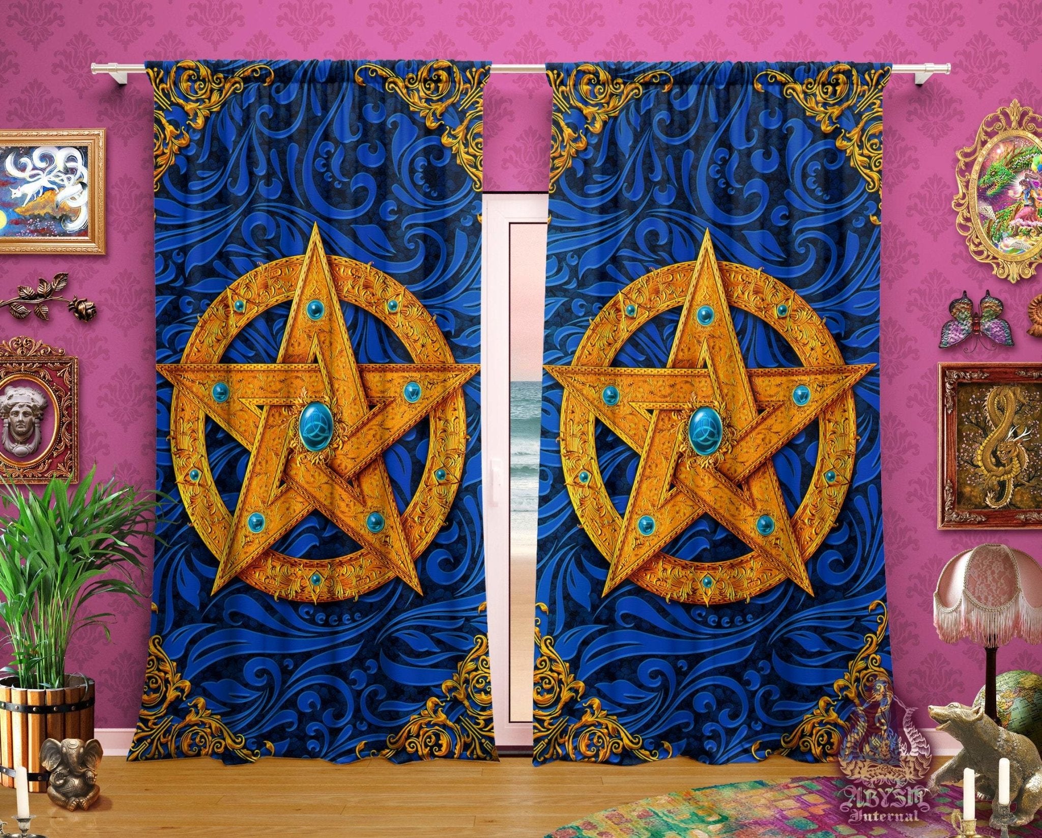 Pagan Blackout Curtains, Long Window Panels, Pentacle, Wicca Room Decor, Art Print, Funky and Eclectic Home Decor - Blue - Abysm Internal
