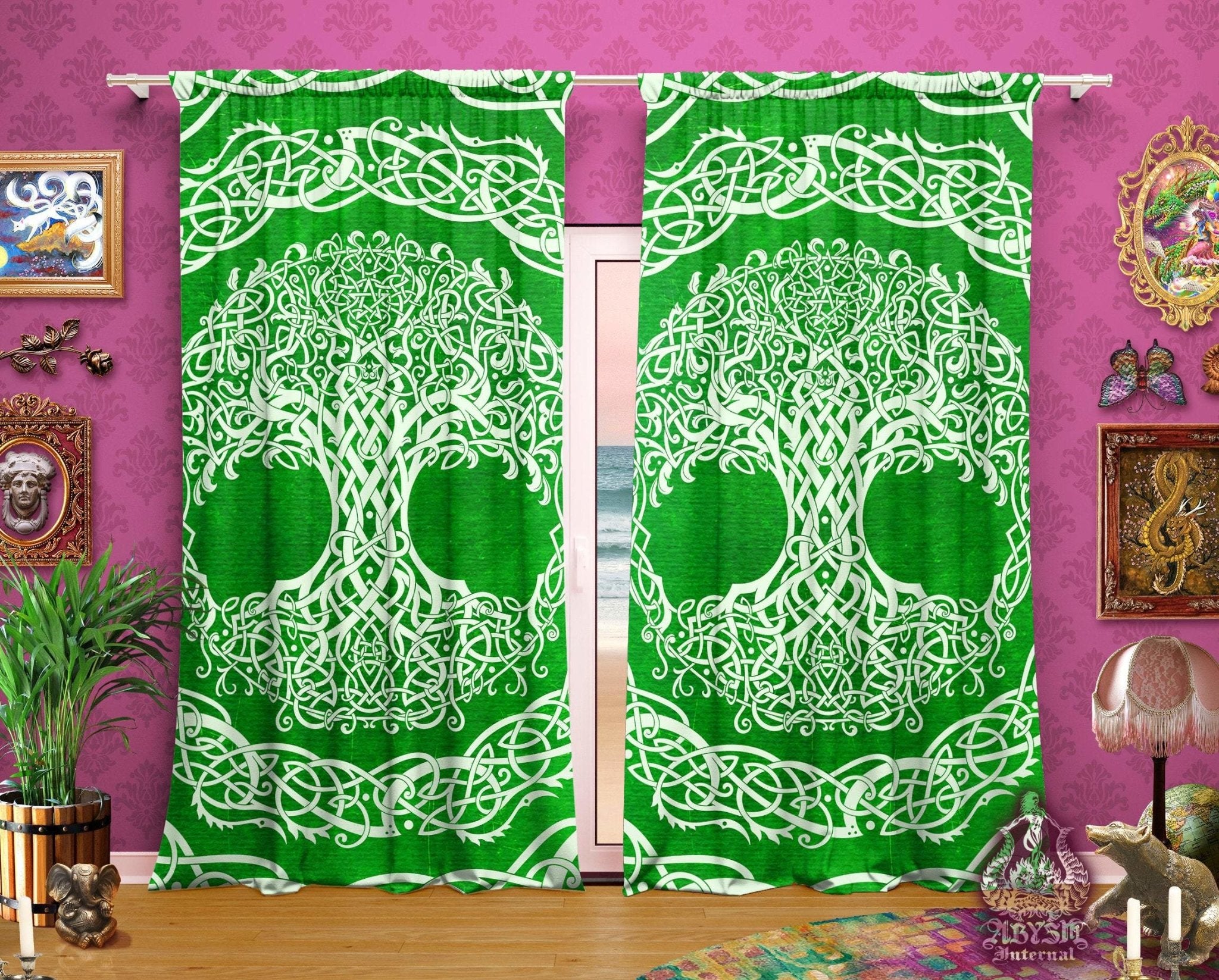 Pagan Blackout Curtains, Long Window Panels, Tree of Life, Celtic Knot, Witchy Room Decor, Art Print, Funky and Eclectic Home Decor - Green - Abysm Internal