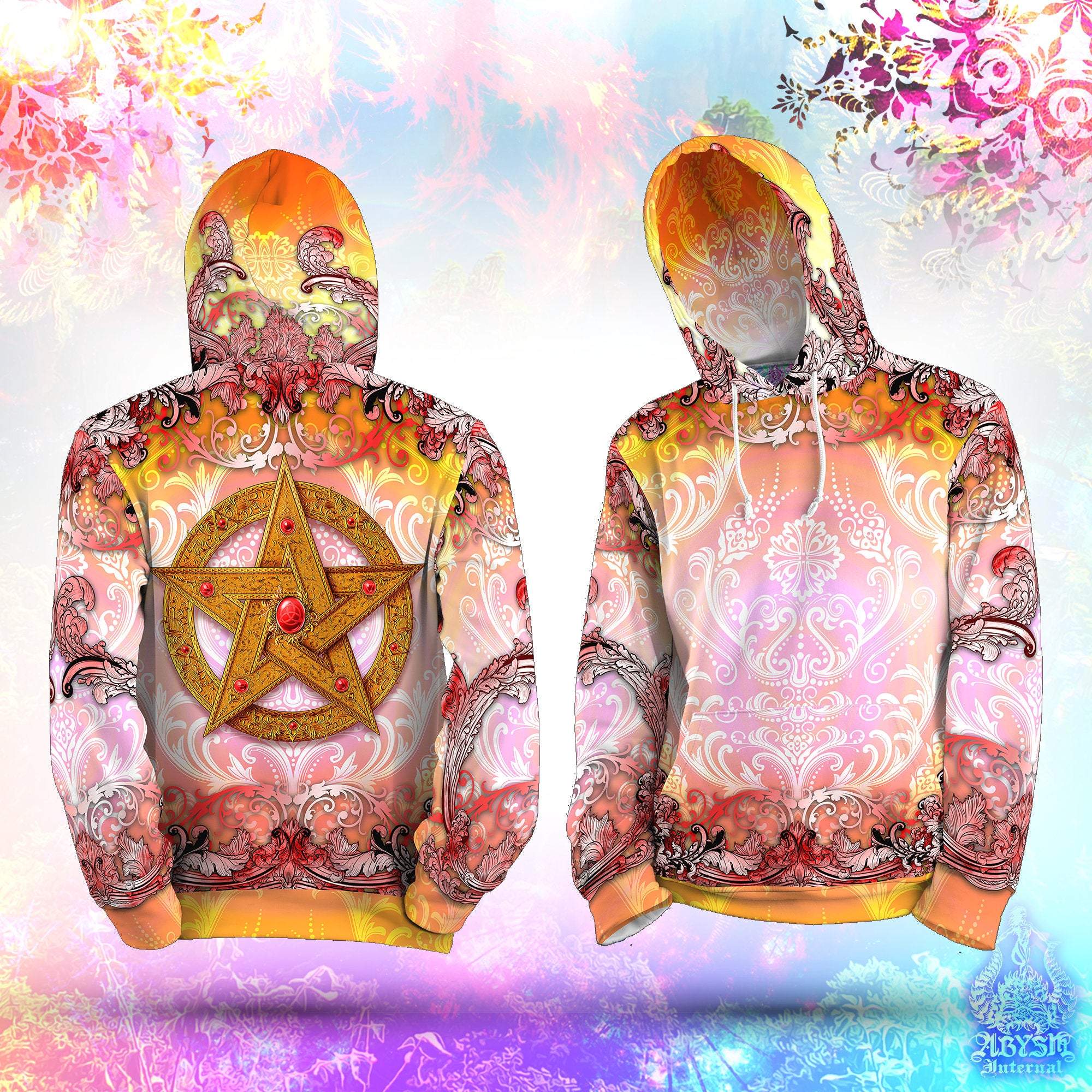 Pagan Hoodie, Witchy Outfit, Wiccan Streetwear, Witch Apparel, Alternative Clothing, Unisex - Pentacle, Red Yellow - Abysm Internal