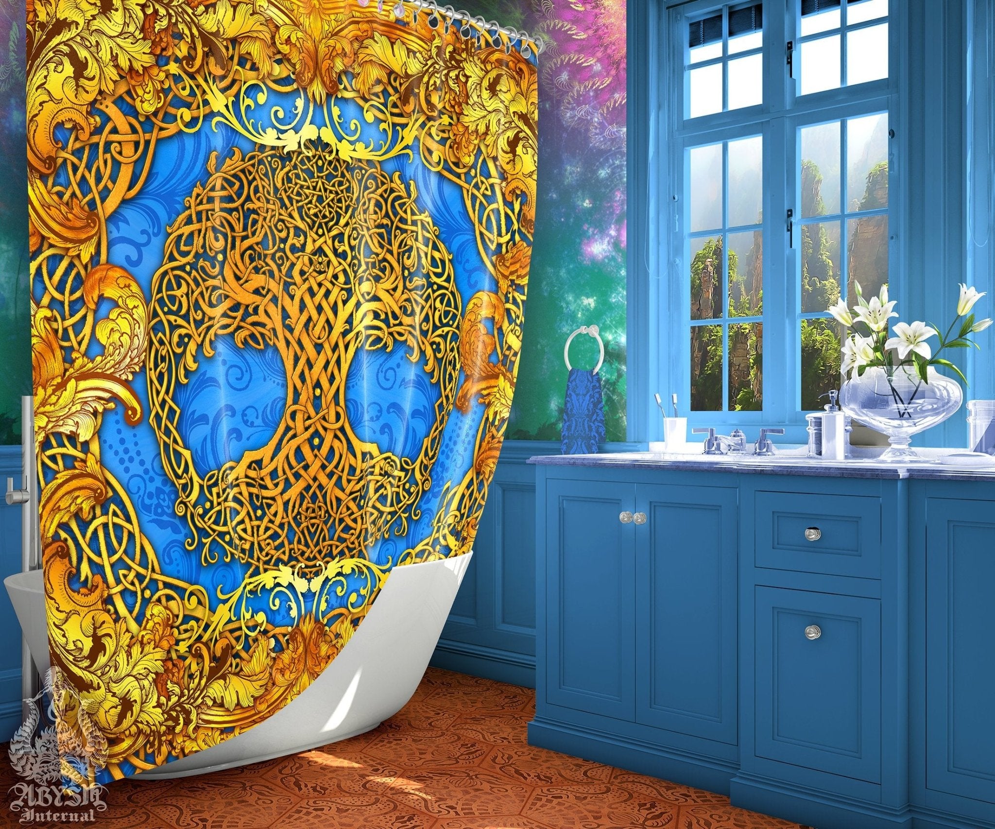 Pagan Shower Curtain, Boho and Hippie Bathroom Decor, Tree of Life, Celtic Knot, Eclectic and Funky Home - Cyan & Gold - Abysm Internal