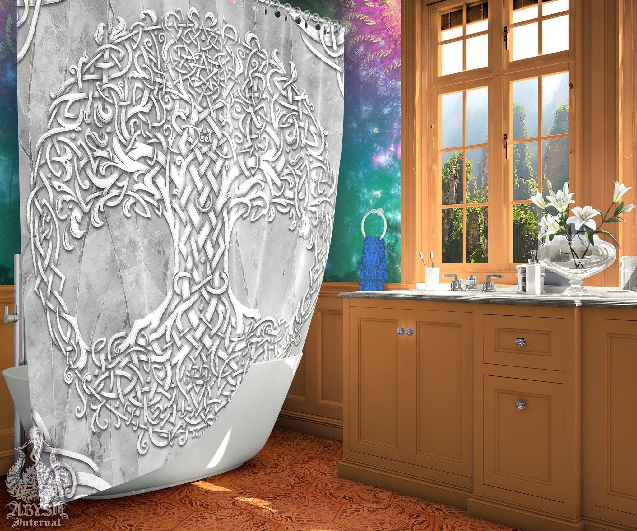Pagan Shower Curtain, Boho Bathroom Decor, Tree of Life, Celtic Knot, Eclectic and Funky Home - Stone - Abysm Internal