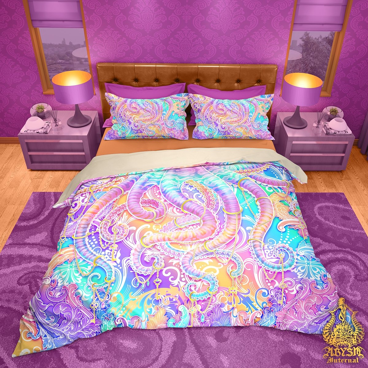 Pastel Bedding Set, Comforter and Duvet, Aesthetic Bed Cover, Kawaii Gamer Bedroom Decor, King, Queen and Twin Size - Kawaii Octopus, Fairy Kei - Abysm Internal