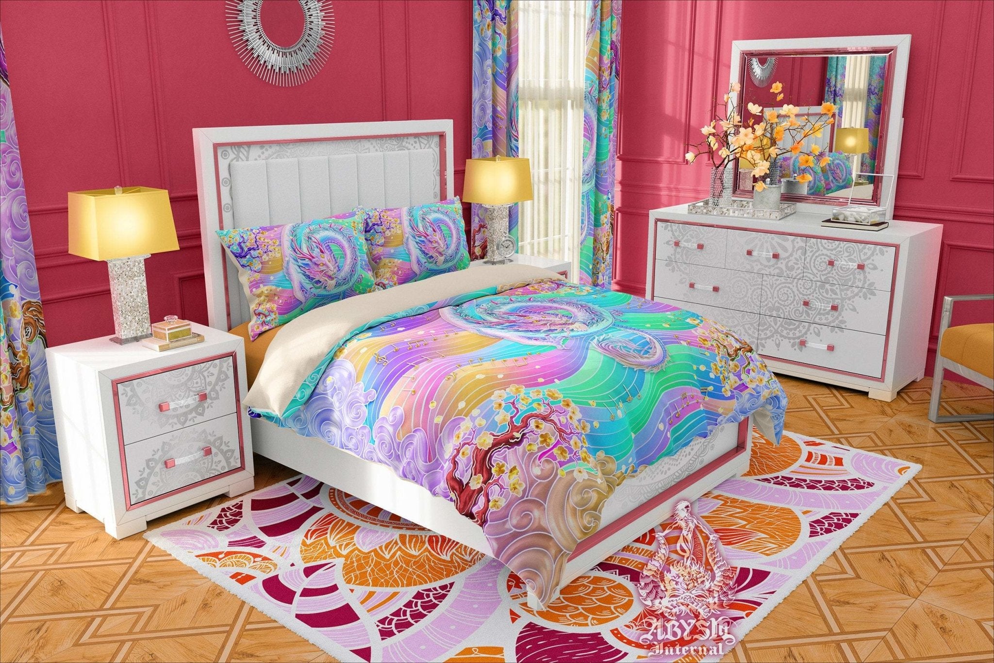 Pastel Dragon Bedding Set, Comforter and Duvet, Aesthetic Bed Cover, Kawaii Kawaii Gamer Bedroom Decor, King, Queen and Twin Size - Music Art - Abysm Internal