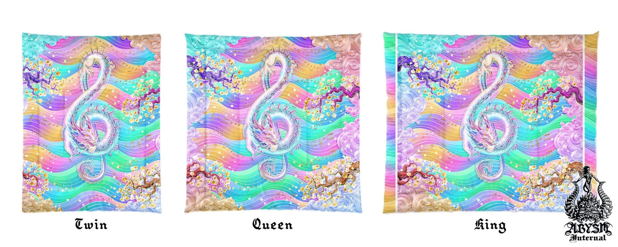 Pastel Dragon Bedding Set, Comforter and Duvet, Aesthetic Bed Cover, Kawaii Kawaii Gamer Bedroom Decor, King, Queen and Twin Size - Music Art - Abysm Internal