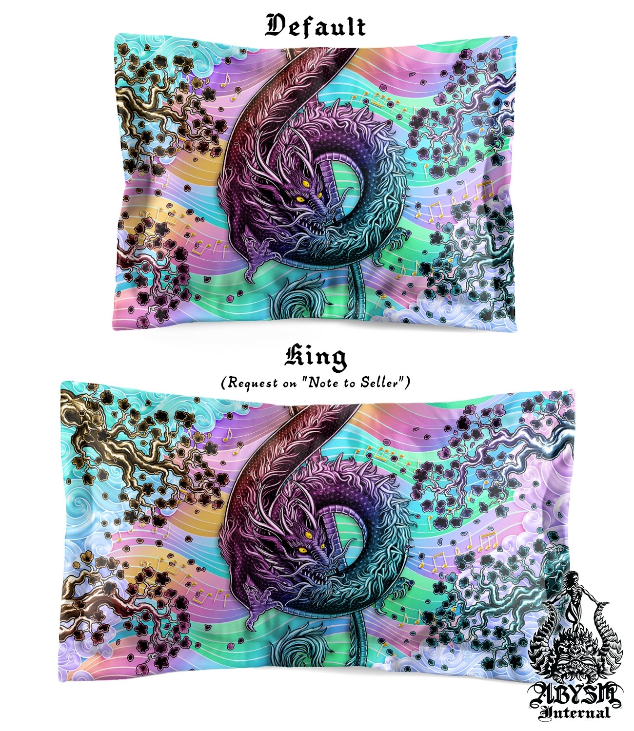 Pastel Dragon Bedding Set, Comforter and Duvet, Music Bed Cover, Kawaii Gamer Bedroom Decor, King, Queen and Twin Size - Black, Punk Art - Abysm Internal