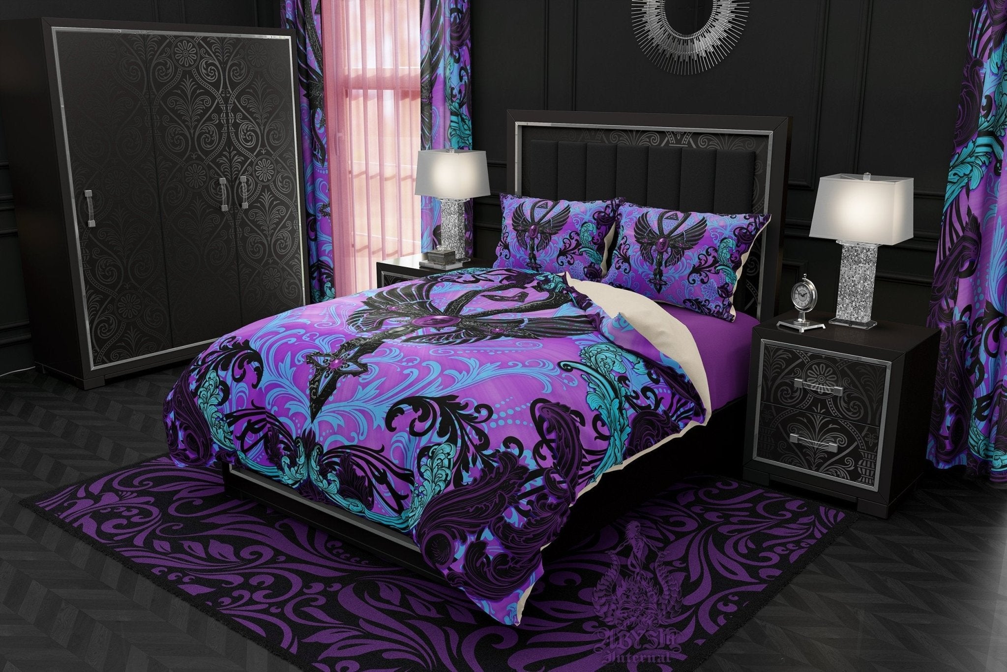 Pastel Goth Bedding Set, Comforter and Duvet, Ankh Cross, Gothic Bed Cover and Bedroom Decor, King, Queen and Twin Size - Black and Purple - Abysm Internal