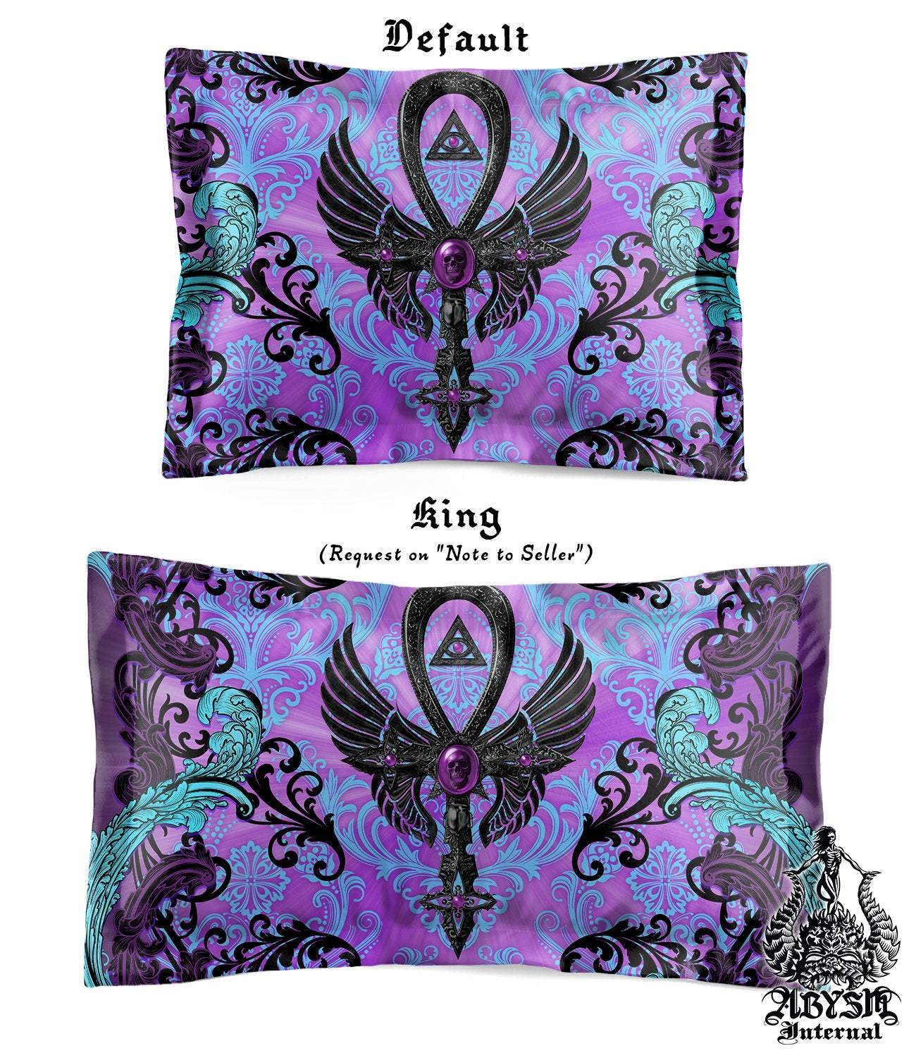 Pastel Goth Bedding Set, Comforter and Duvet, Ankh Cross, Gothic Bed Cover and Bedroom Decor, King, Queen and Twin Size - Black and Purple - Abysm Internal