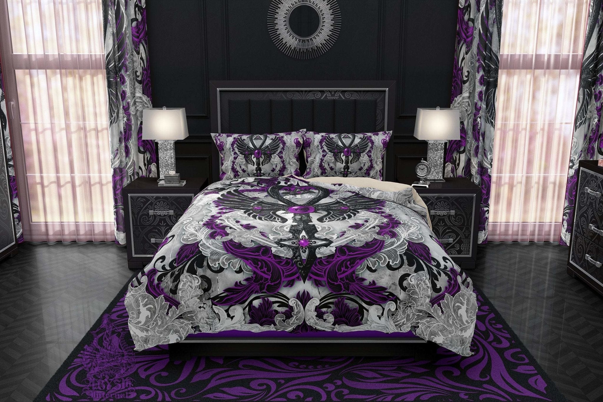 Pastel Goth Bedding Set, Comforter and Duvet, Ankh Cross, Gothic Bed Cover and Bedroom Decor, King, Queen and Twin Size - White Purple - Abysm Internal