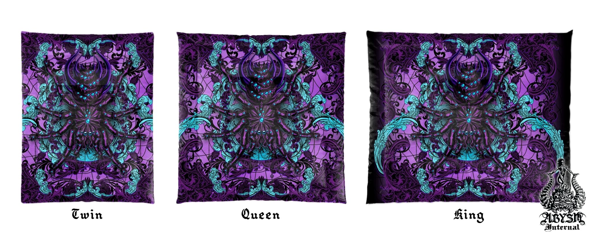 Pastel Goth Bedding Set, Comforter and Duvet, Bed Cover and Bedroom Decor, King, Queen and Twin Size - Tarantula Spider Black and Purple - Abysm Internal