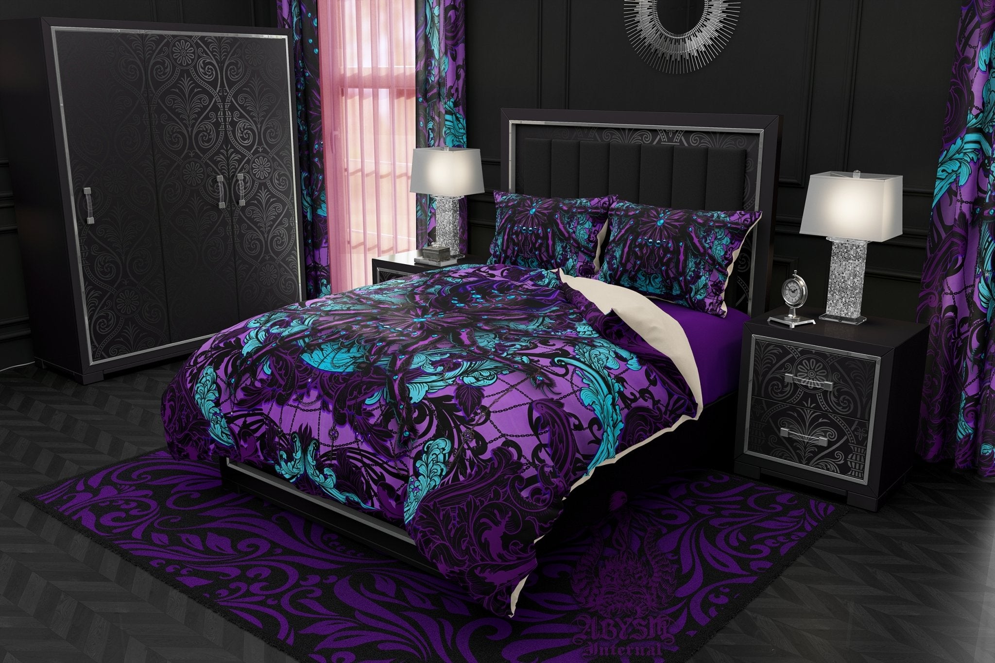 Pastel Goth Bedding Set, Comforter and Duvet, Bed Cover and Bedroom Decor, King, Queen and Twin Size - Tarantula Spider Black and Purple - Abysm Internal