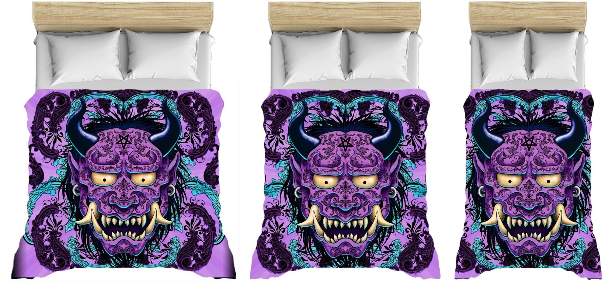 Pastel Goth Bedding Set, Comforter and Duvet, Fantasy Bed Cover and Bedroom Decor Japanese Demon, King, Queen and Twin Size - Purple Oni - Abysm Internal