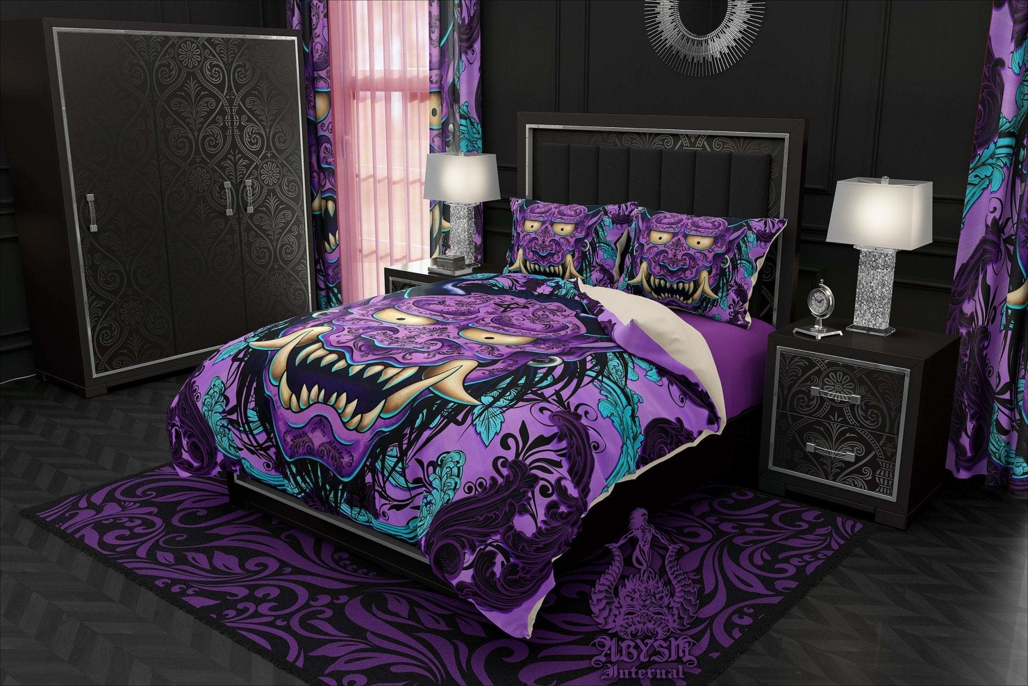 Pastel Goth Bedding Set, Comforter and Duvet, Fantasy Bed Cover and Bedroom Decor Japanese Demon, King, Queen and Twin Size - Purple Oni - Abysm Internal