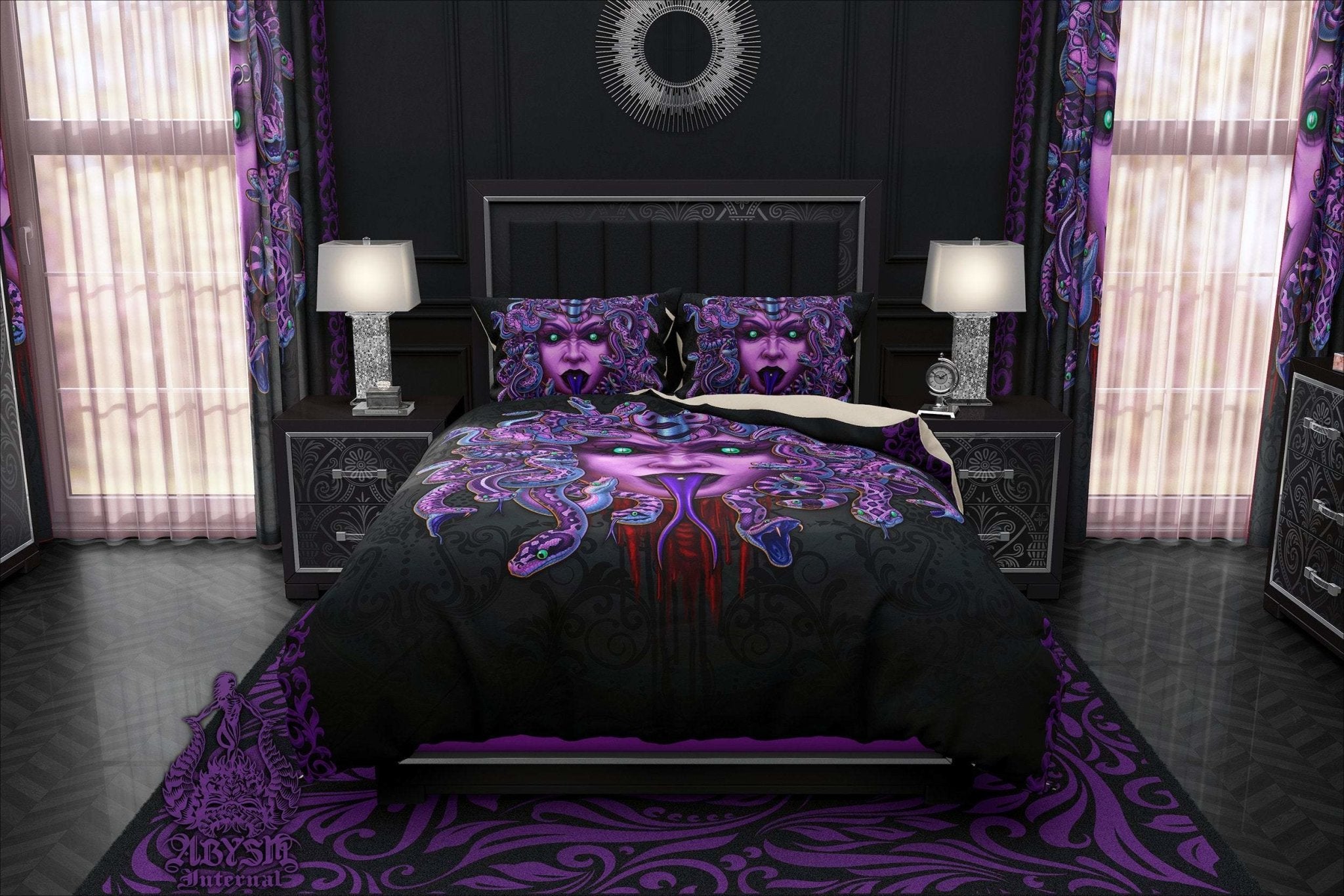 Pastel Goth Bedding Set, Comforter and Duvet, Gothic Bed Cover and Bedroom Decor, King, Queen and Twin Size - Black and Purple Medusa, - Abysm Internal