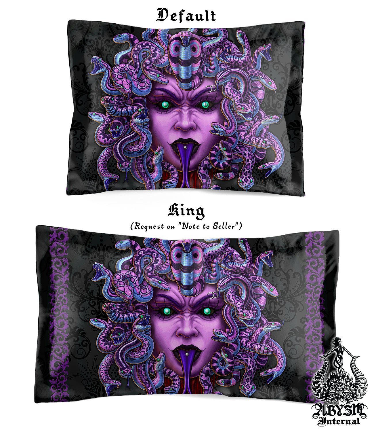 Pastel Goth Bedding Set, Comforter and Duvet, Gothic Bed Cover and Bedroom Decor, King, Queen and Twin Size - Black and Purple Medusa, - Abysm Internal