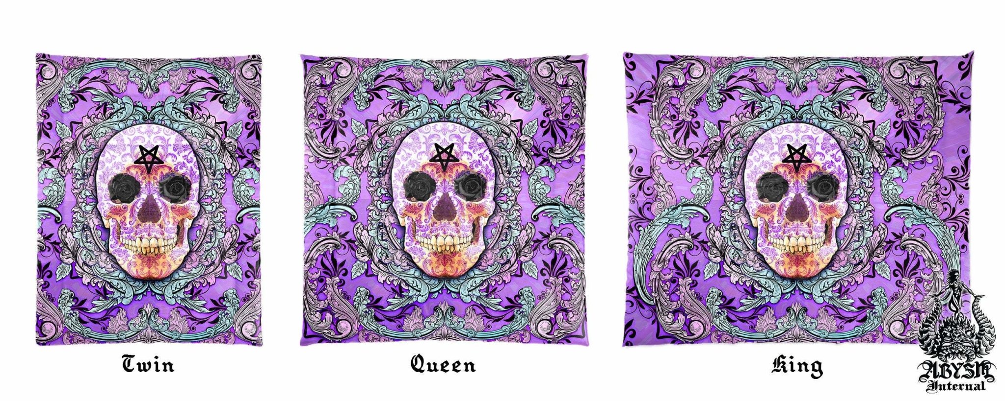 Pastel Goth Bedding Set, Comforter and Duvet, Purple Skull Bed Cover and Bedroom Decor, King, Queen and Twin Size - Black Roses - Abysm Internal