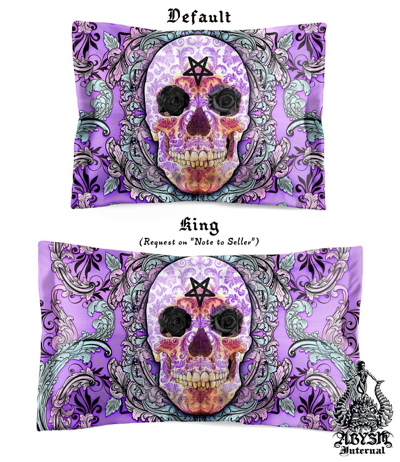 Pastel Goth Bedding Set, Comforter and Duvet, Purple Skull Bed Cover and Bedroom Decor, King, Queen and Twin Size - Black Roses - Abysm Internal