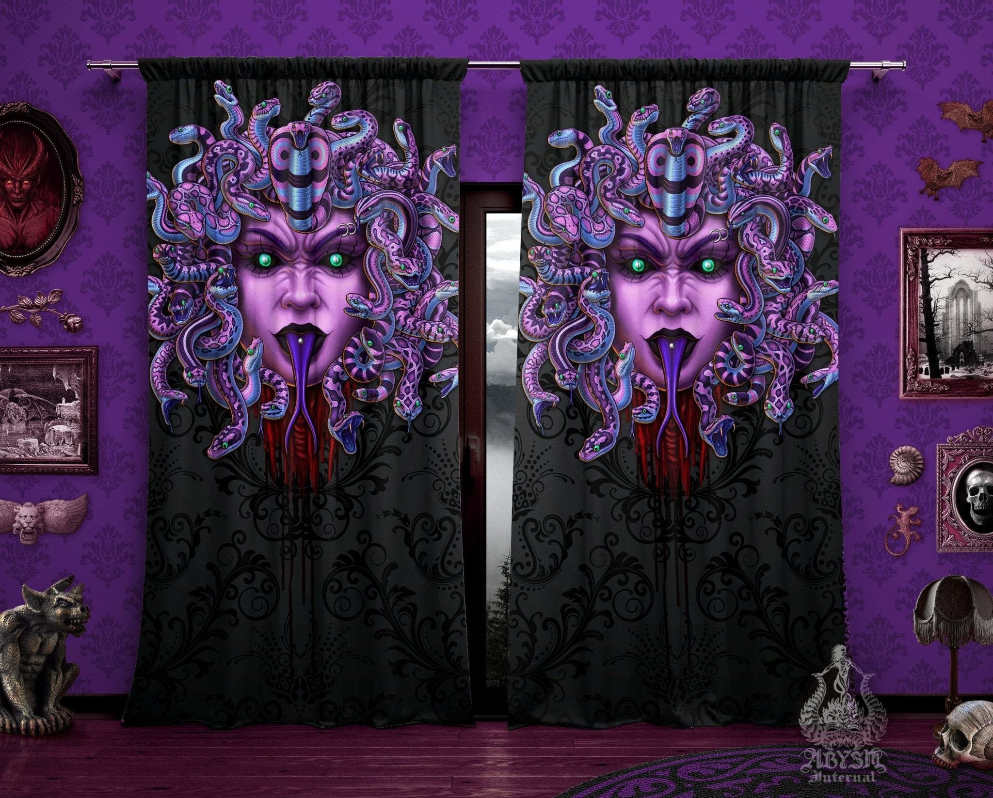 Pastel Goth Blackout Curtains, Long Window Panels, Gothic Home Decor, Art Print - Purple Medusa & Snakes - Abysm Internal