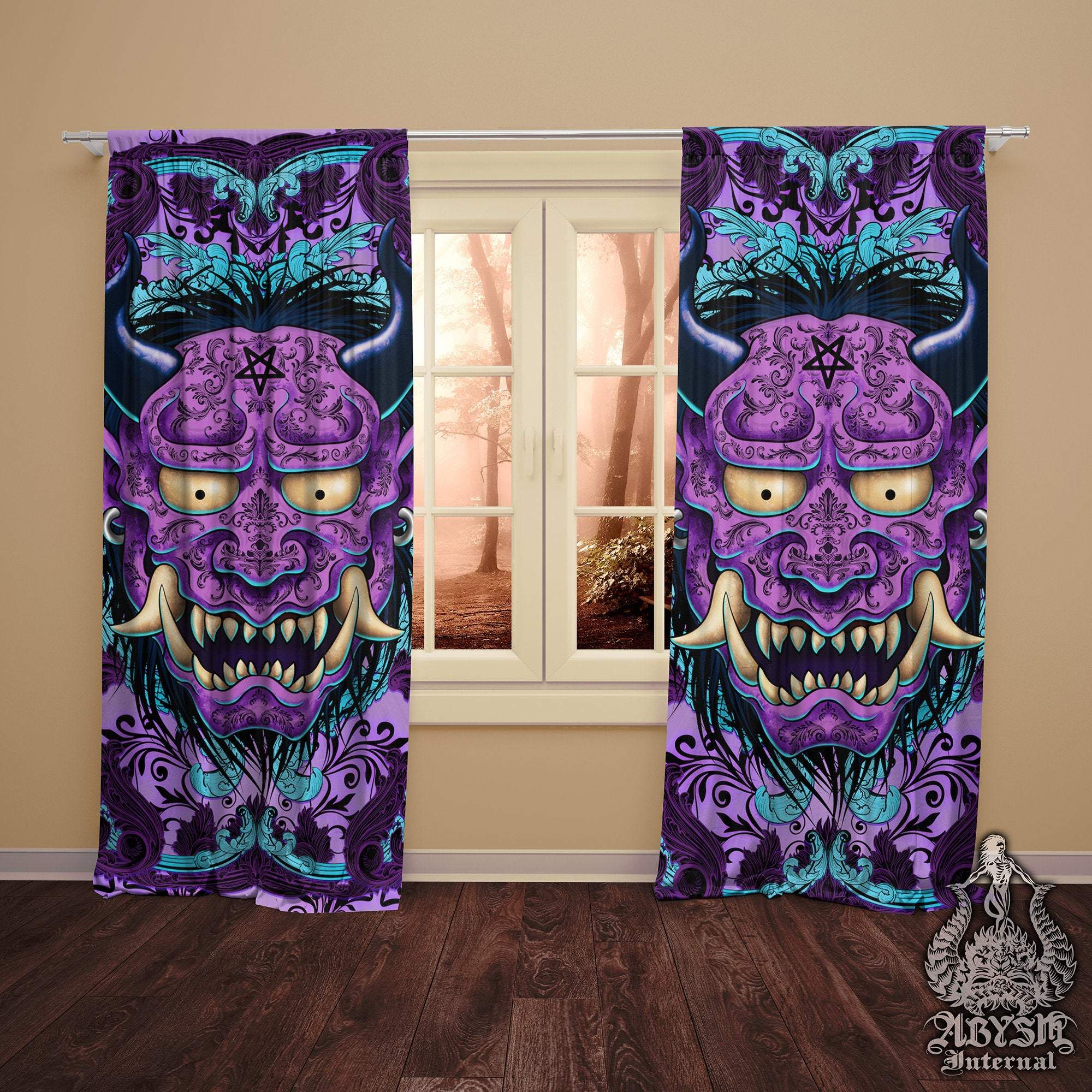 Pastel Goth Blackout Curtains, Long Window Panels, Japanese Demon, Fantasy Room Decor, Art Print - Purple Oni - Abysm Internal