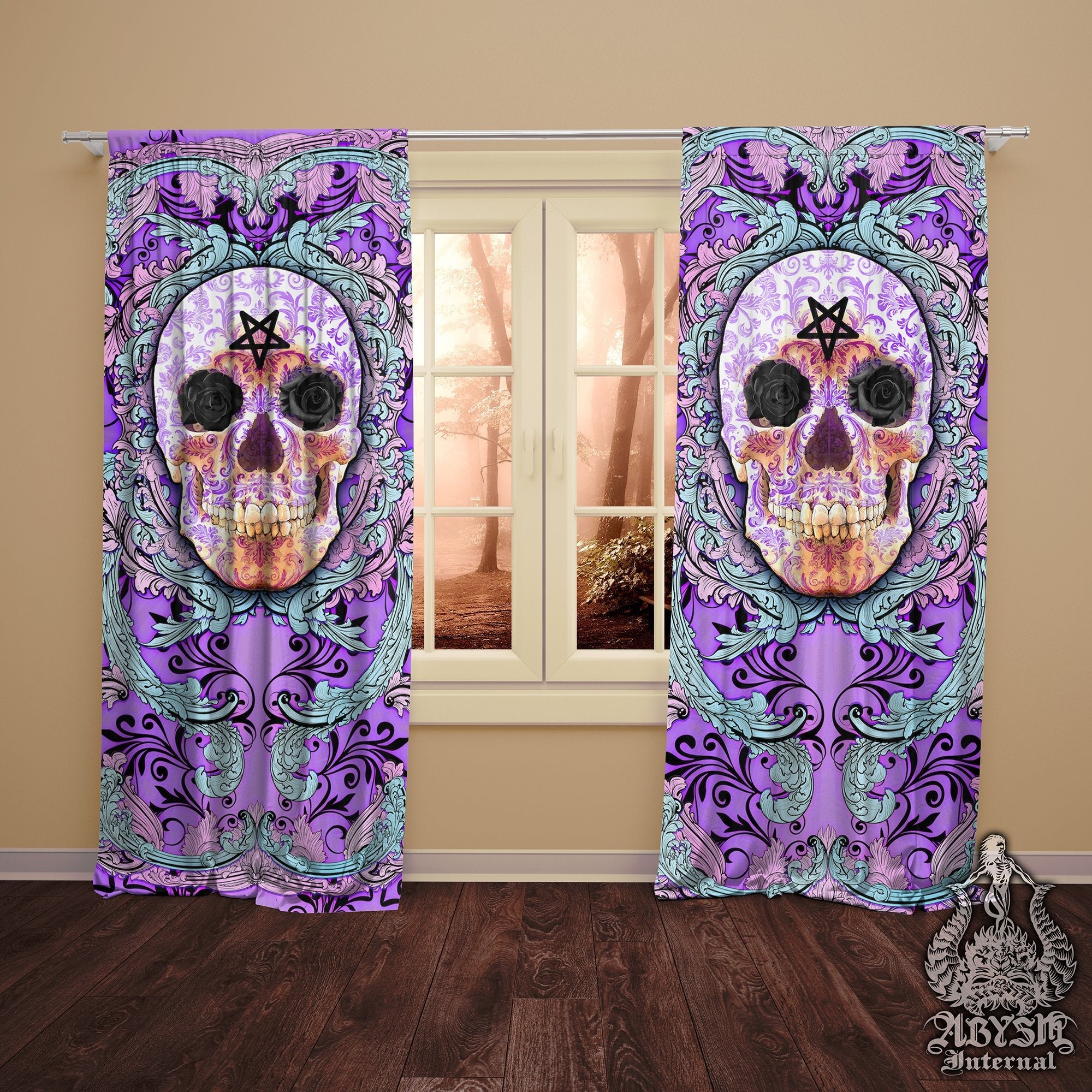 Pastel Goth Blackout Curtains, Long Window Panels, Macabre Skull Room Decor, Purple - Abysm Internal