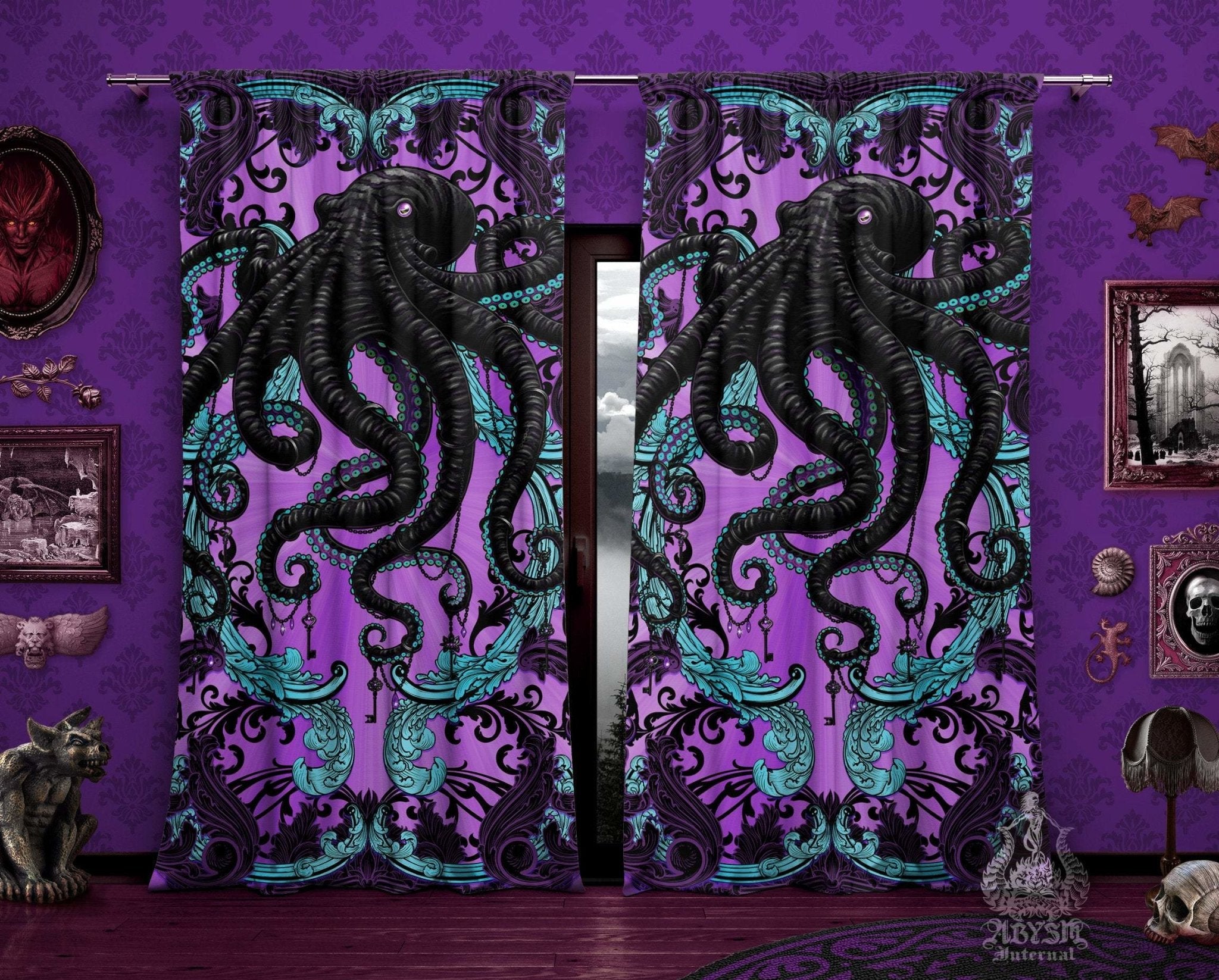 Pastel Goth Blackout Curtains, Long Window Panels, Octopus Art Print Room Decor - Gothic Purple - Abysm Internal