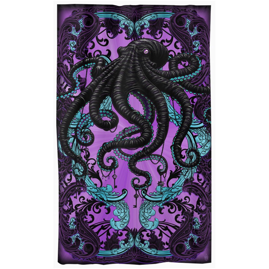 Pastel Goth Blackout Curtains, Long Window Panels, Octopus Art Print Room Decor - Gothic Purple - Abysm Internal