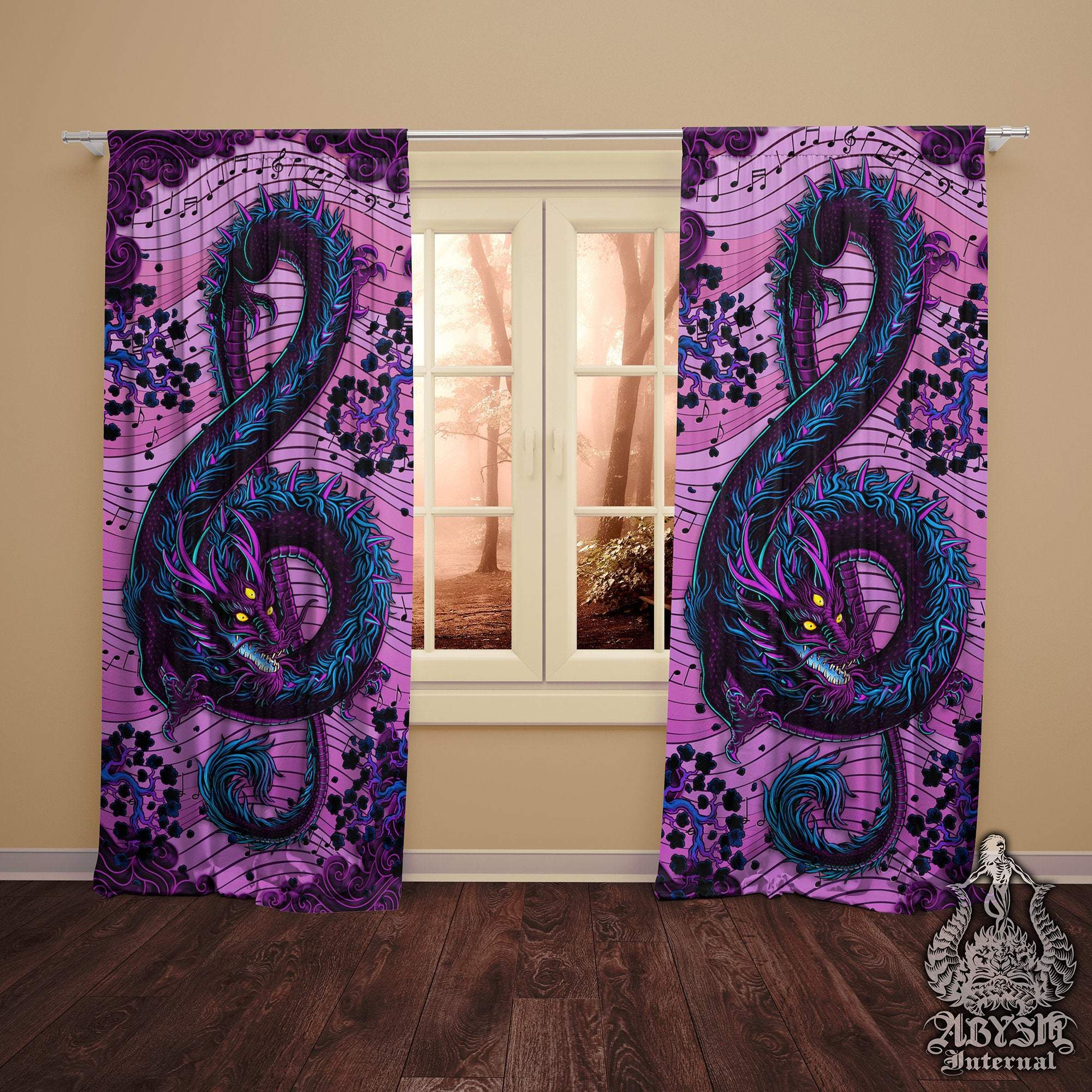 Pastel Goth Blackout Curtains, Long Window Panels, Treble Clef, Music Art Print, Gothic Home Decor - Black Dragon, Purple - Abysm Internal