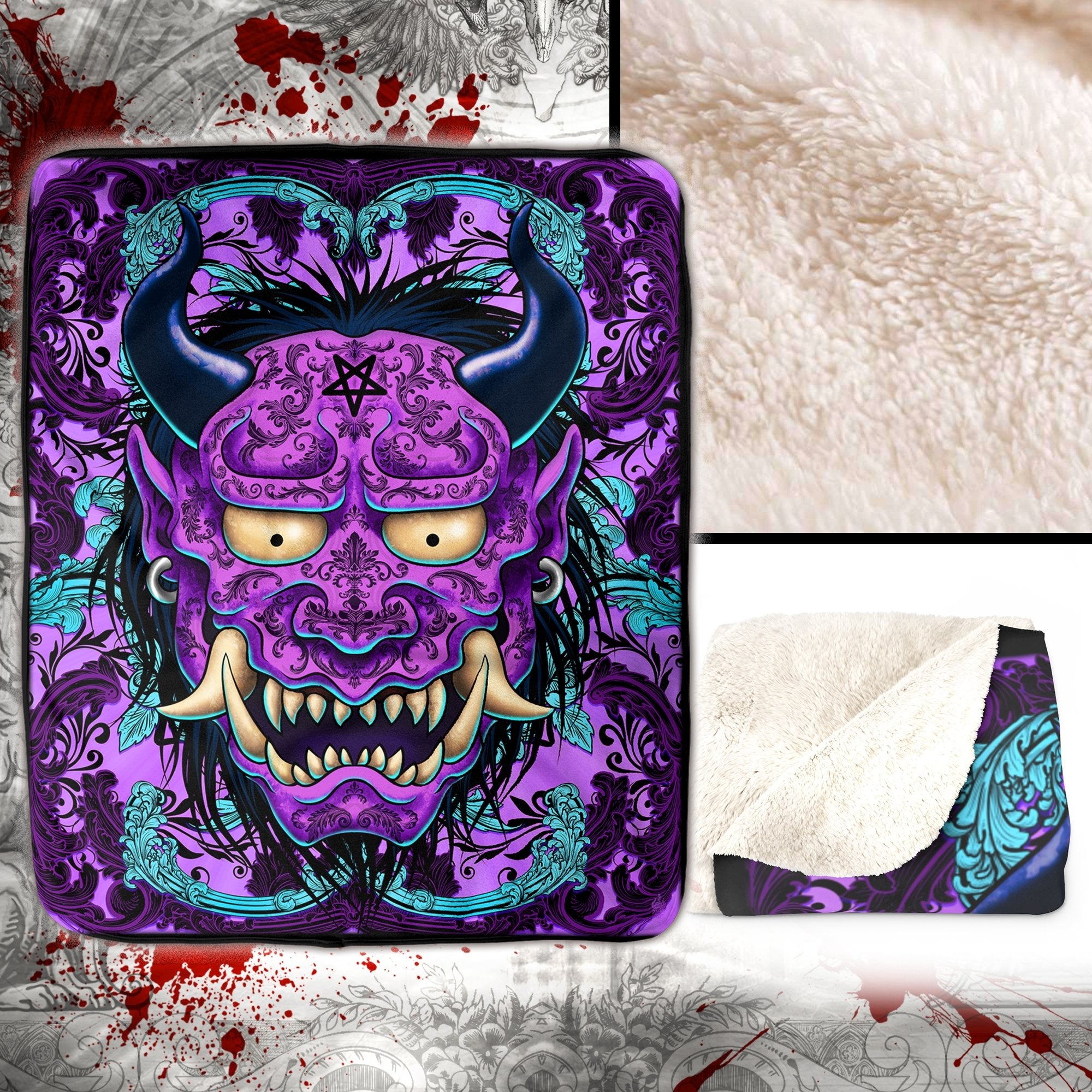 Pastel Goth Blanket, Throw Fleece, Japanese Demon, Eclectic Decor, Alternative Art Gift - Oni - Abysm Internal
