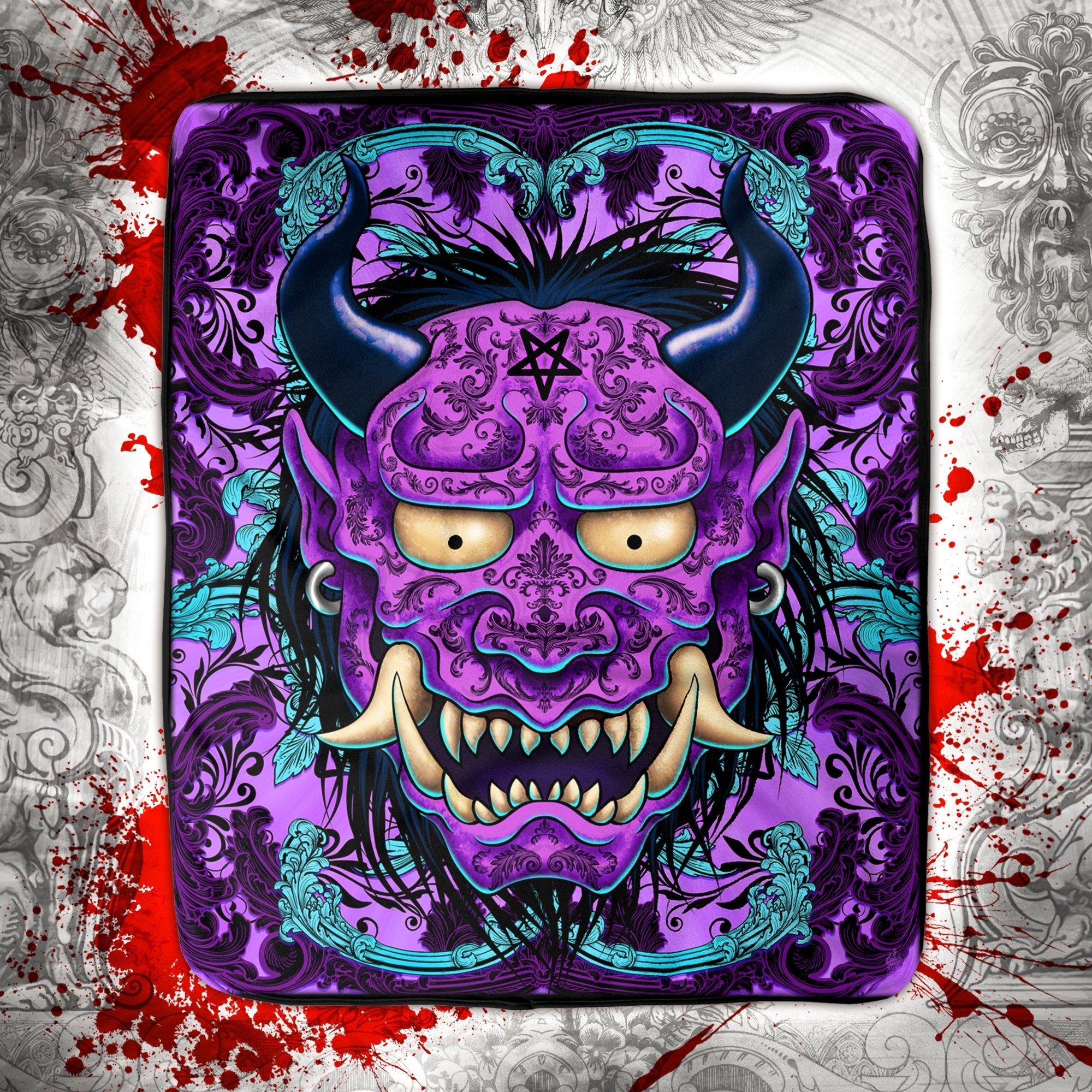 Pastel Goth Blanket, Throw Fleece, Japanese Demon, Eclectic Decor, Alternative Art Gift - Oni - Abysm Internal