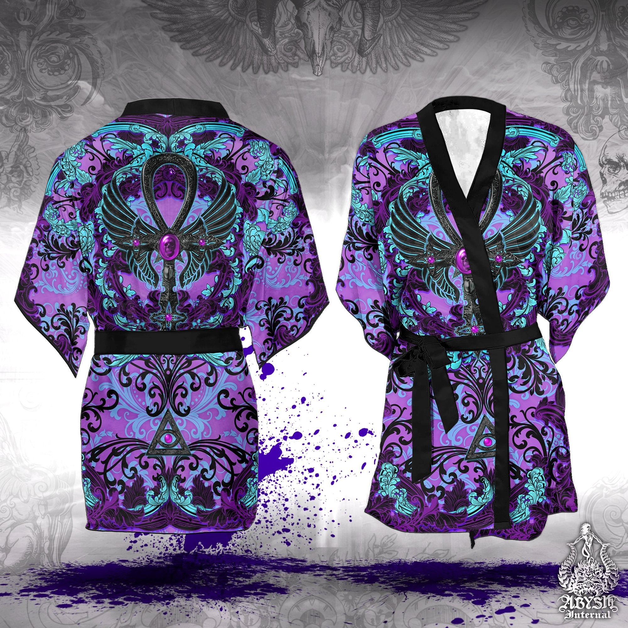 Pastel Goth Cover Up, Beach Outfit, Party Kimono, Gothic Summer Festival Robe, Indie and Alternative Clothing, Unisex - Ankh, Black Purple - Abysm Internal