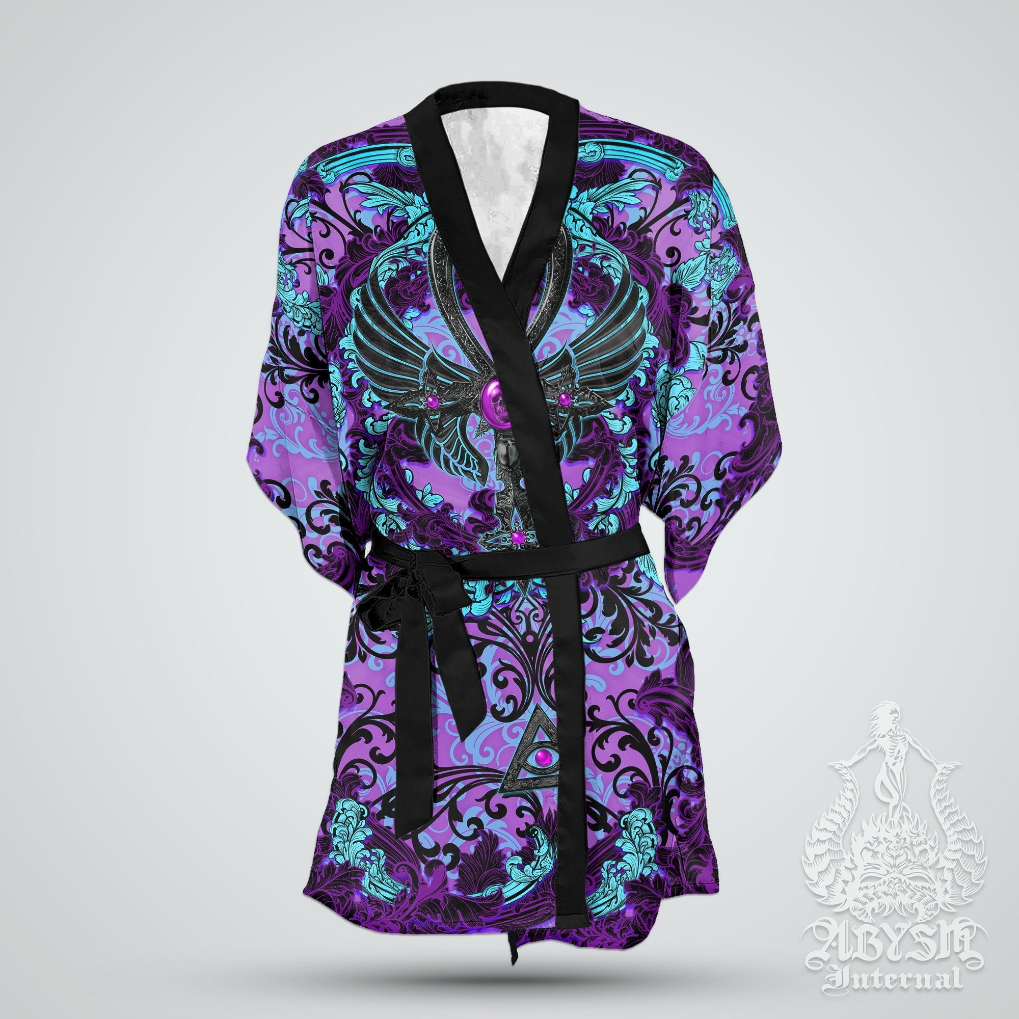 Pastel Goth Cover Up, Beach Outfit, Party Kimono, Gothic Summer Festival Robe, Indie and Alternative Clothing, Unisex - Ankh, Black Purple - Abysm Internal