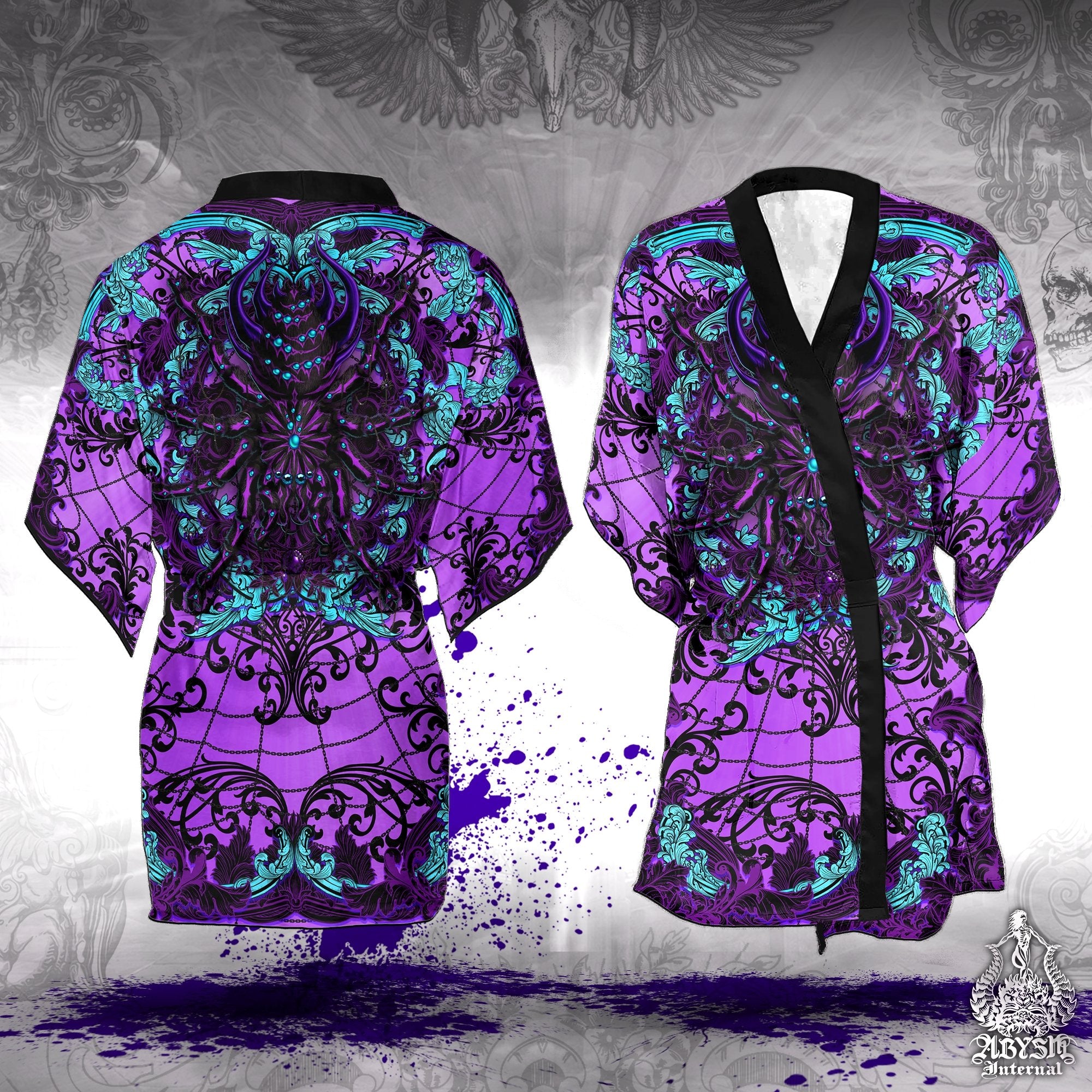 Pastel Goth Cover Up, Beach Outfit, Spider Party Kimono, Summer Festival Robe, Indie and Alternative Clothing, Unisex - Tarantula, Black and Purple - Abysm Internal