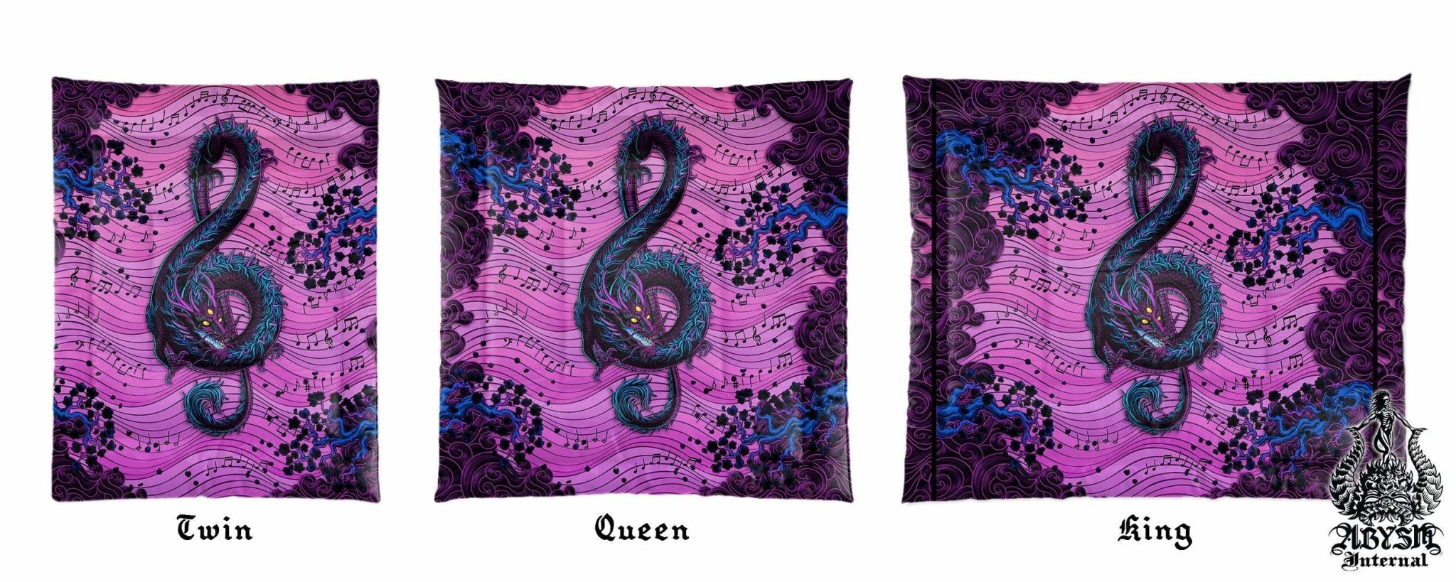 Pastel Goth Dragon Bedding Set, Comforter and Duvet, Music Bed Cover and Bedroom Decor, King, Queen and Twin Size - Black and Purple - Abysm Internal