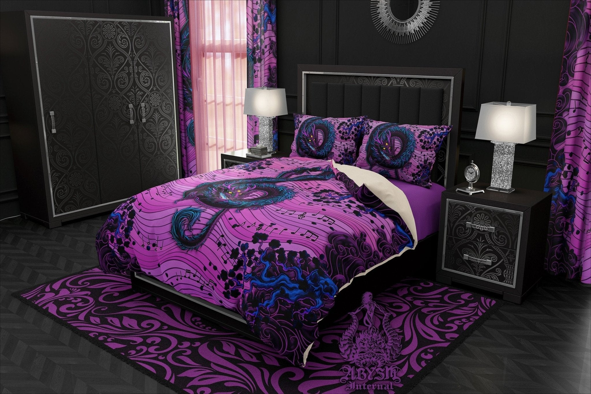 Pastel Goth Dragon Bedding Set, Comforter and Duvet, Music Bed Cover and Bedroom Decor, King, Queen and Twin Size - Black and Purple - Abysm Internal