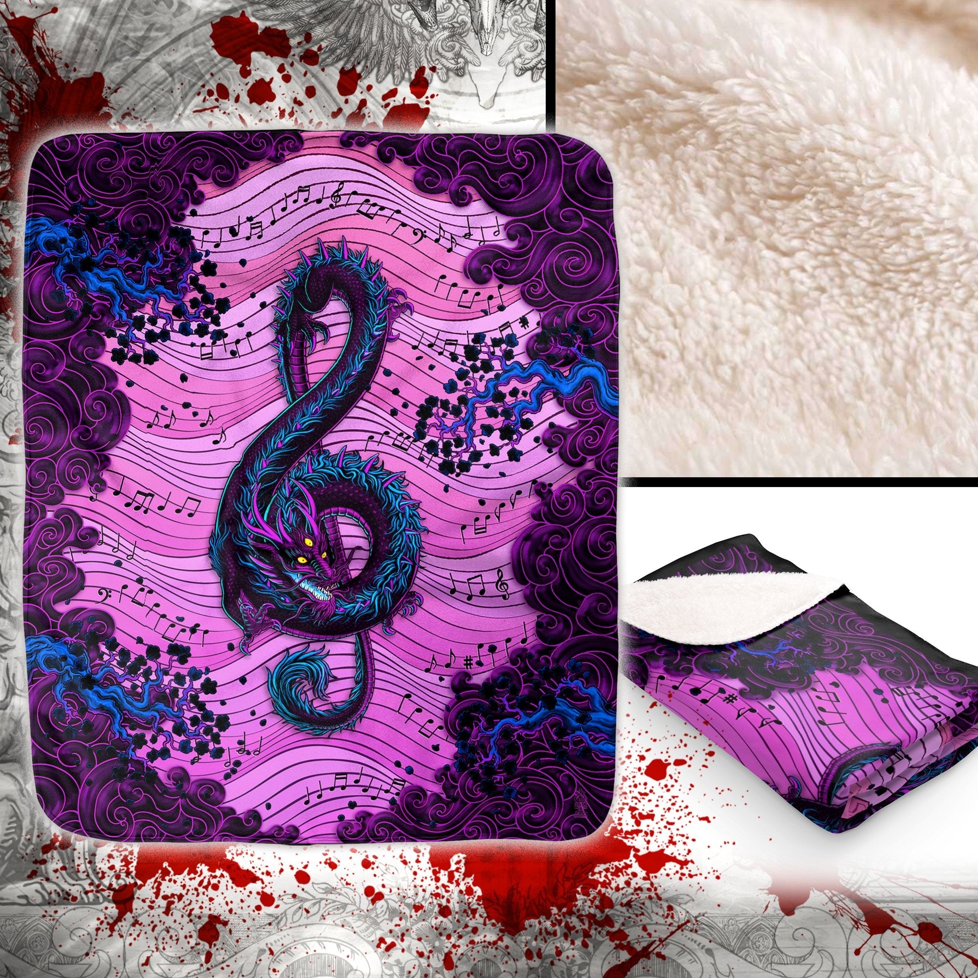 Pastel Goth Dragon Throw Fleece Blanket, Treble Clef, Music Room Decor - Abysm Internal